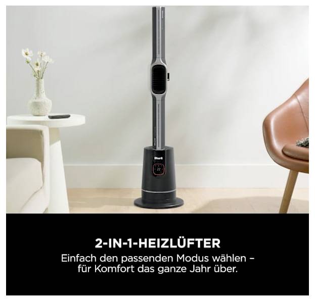 Schwarzer 2-in-1-Turmheizer-Ventilator im Wohnzimmer stehend, mit deutschem Text: '2-IN-1-HEIZLÜFTER' und 'Wählen Sie den richtigen Modus für das ganze Jahr über Komfort'.