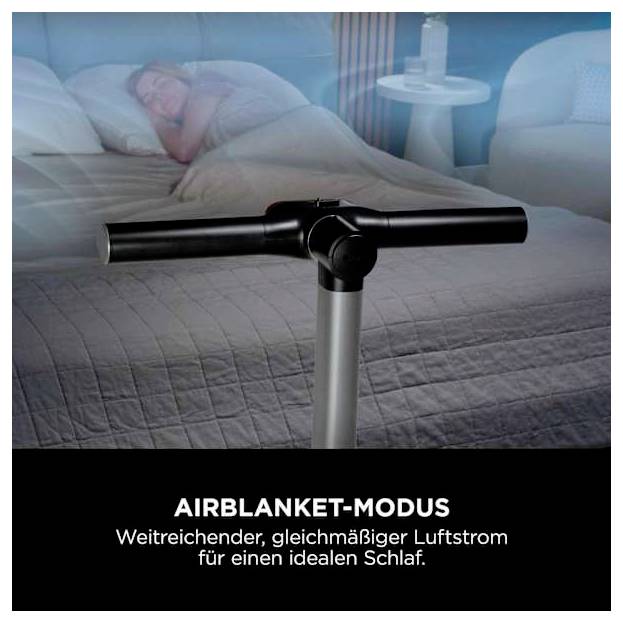 Bedienfeld eines Luftstromgeräts vor einem schlafenden Paar im Bett; Text: 'AIRBLANKET-MODUS' und 'Weitreichender, gleichmäßiger Luftstrom für einen idealen Schlaf.'