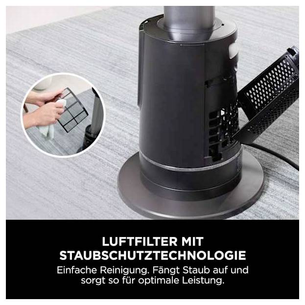 Luftreiniger mit Staubschutztechnologie; die Detailansicht zeigt einfache Filterreinigung. Der Text lautet „LUFTFILTER MIT STAUBSCHUTZTECHNOLOGIE