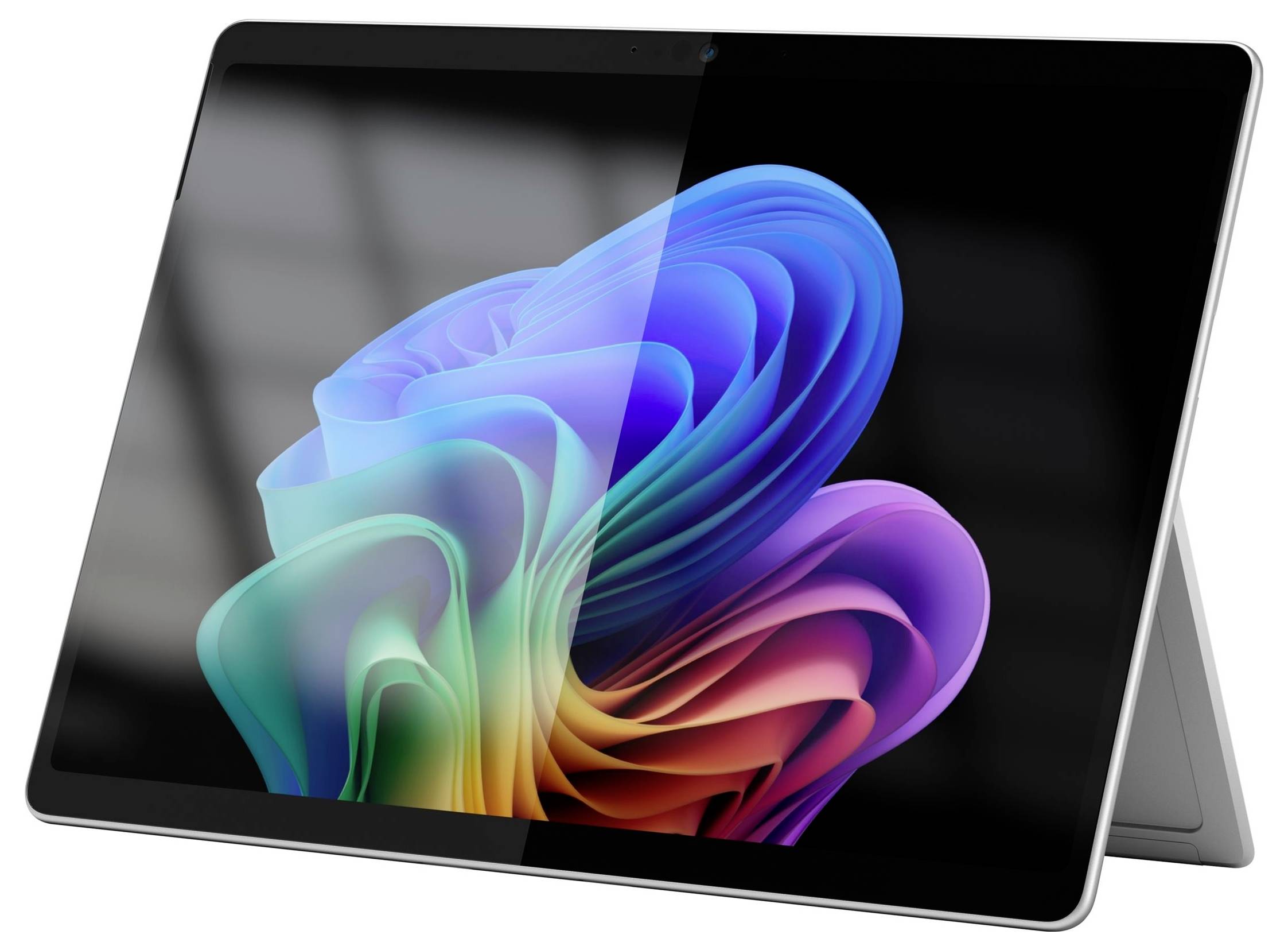 Ein schlankes schwarzes Tablet im Querformat mit einem farbenfrohen abstrakten Wirbel-Hintergrundbild, dargestellt auf weißem Hintergrund mit sichtbarem Ständer dahinter.