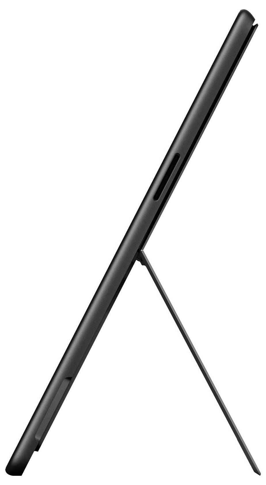 Schwarzes Tablet in Profilansicht mit ausgefahrenem Ständer, das das Gerät aufrecht auf weißem Hintergrund abstützt.