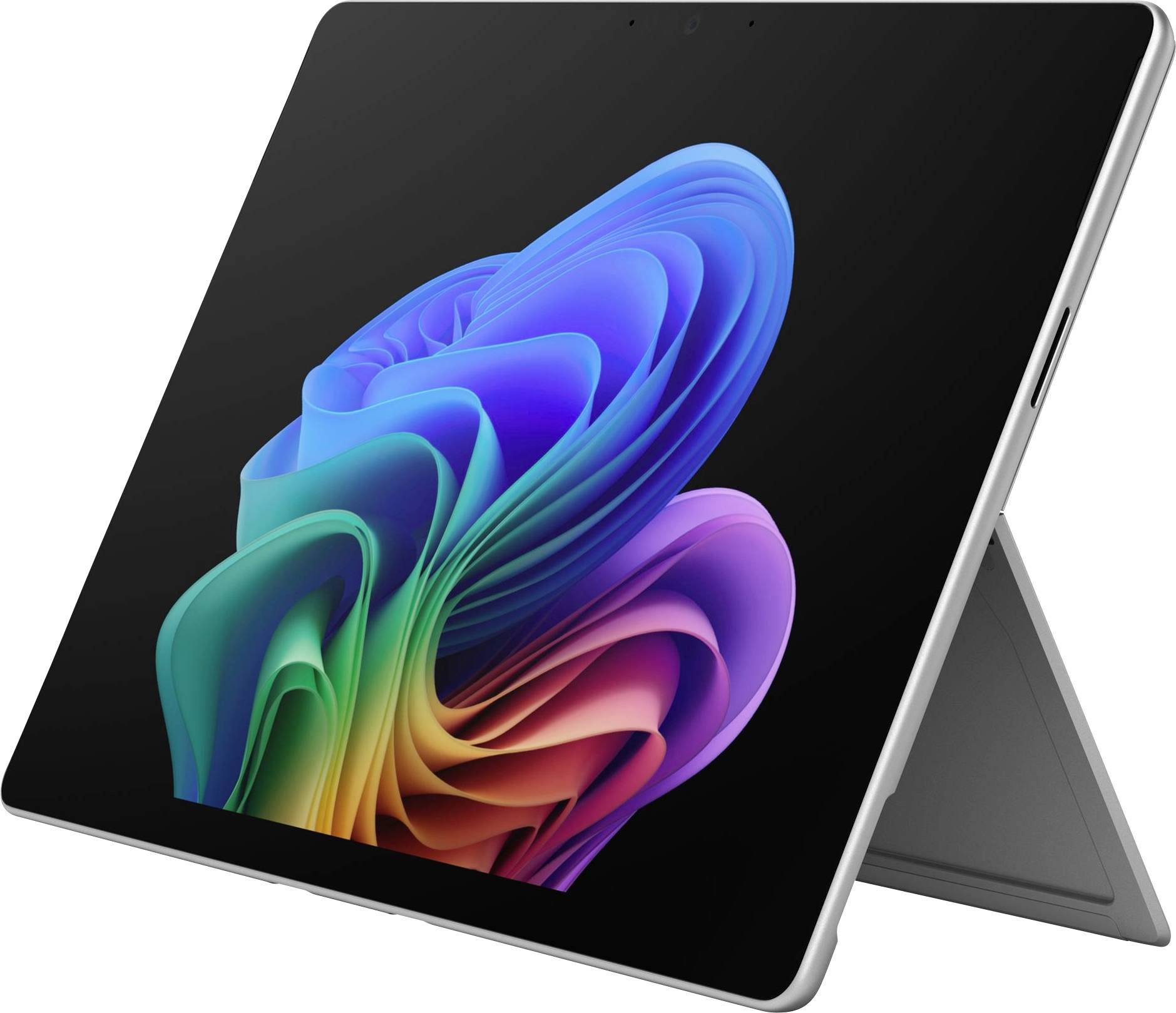 Ein silbernes Tablet auf einem Ständer zeigt ein farbenfrobes abstraktes Wirbelmuster auf einem schwarzen Bildschirm an.