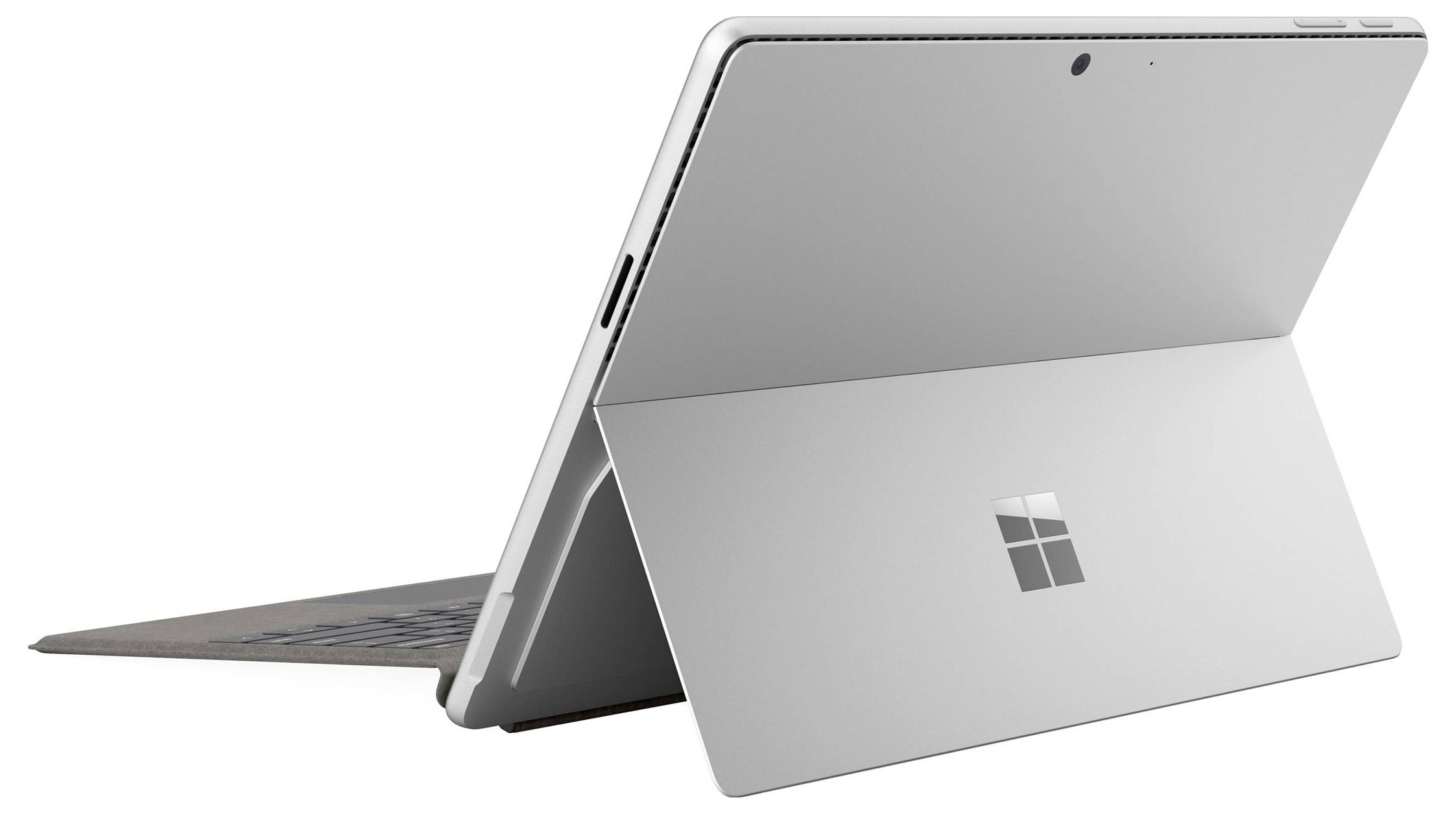 Ein silberner Microsoft Surface-ähnlicher 2-in-1-Laptop, dargestellt im Ständermodus mit abgelöster Tastatur, die flach dahinter eingeklappt ist.