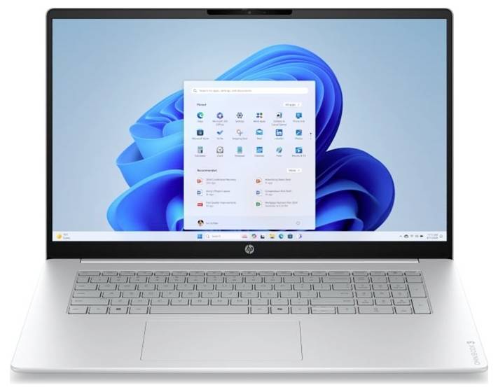 Silberner HP-Laptop zeigt den Windows 11-Desktop mit geöffnetem Startmenü auf dem Bildschirm an.