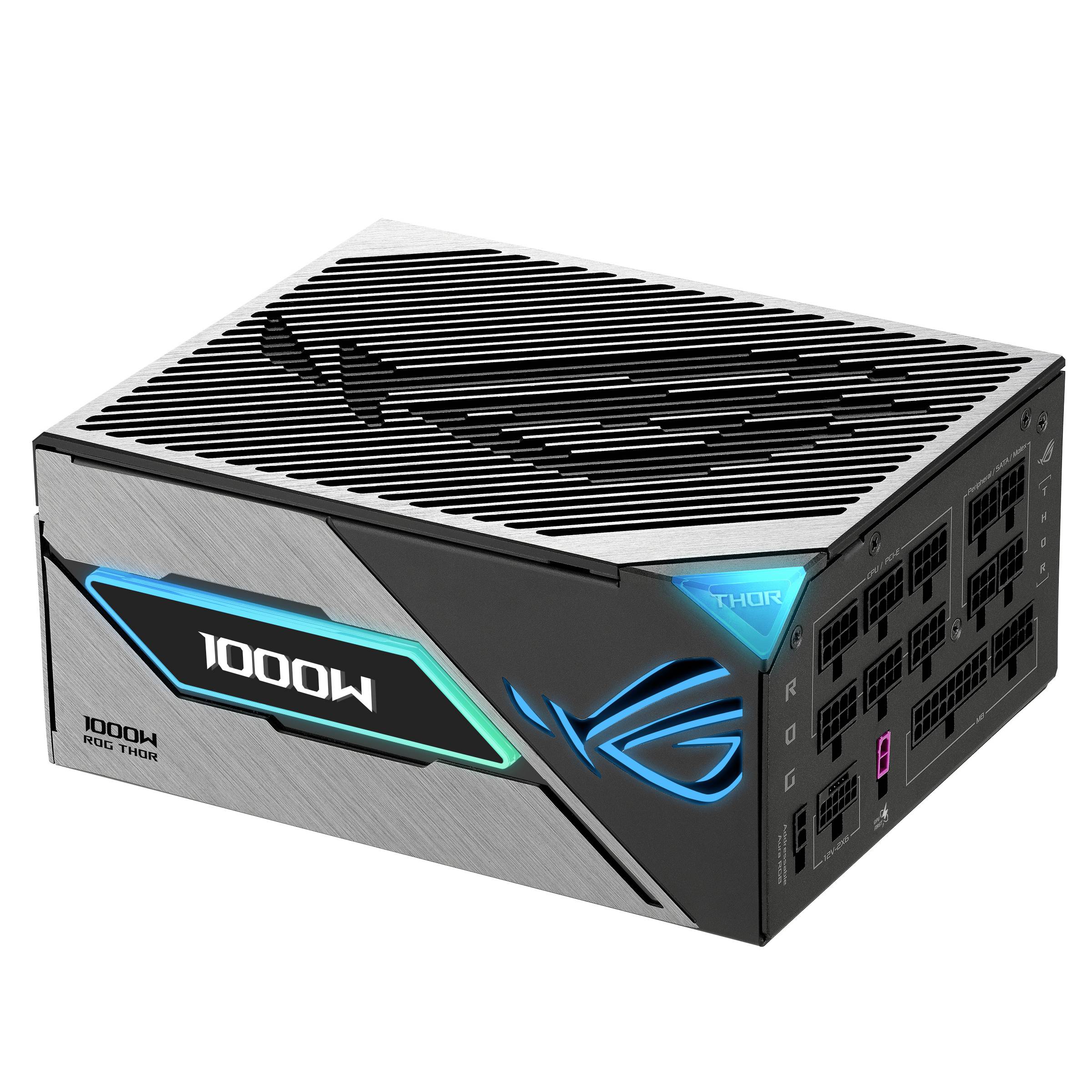 1000W ROG Thor Computernetzteil mit schwarzem und silbernem Gehäuse, türkisfarbener Beleuchtung und mehreren Kabelanschlüssen an der Seite.