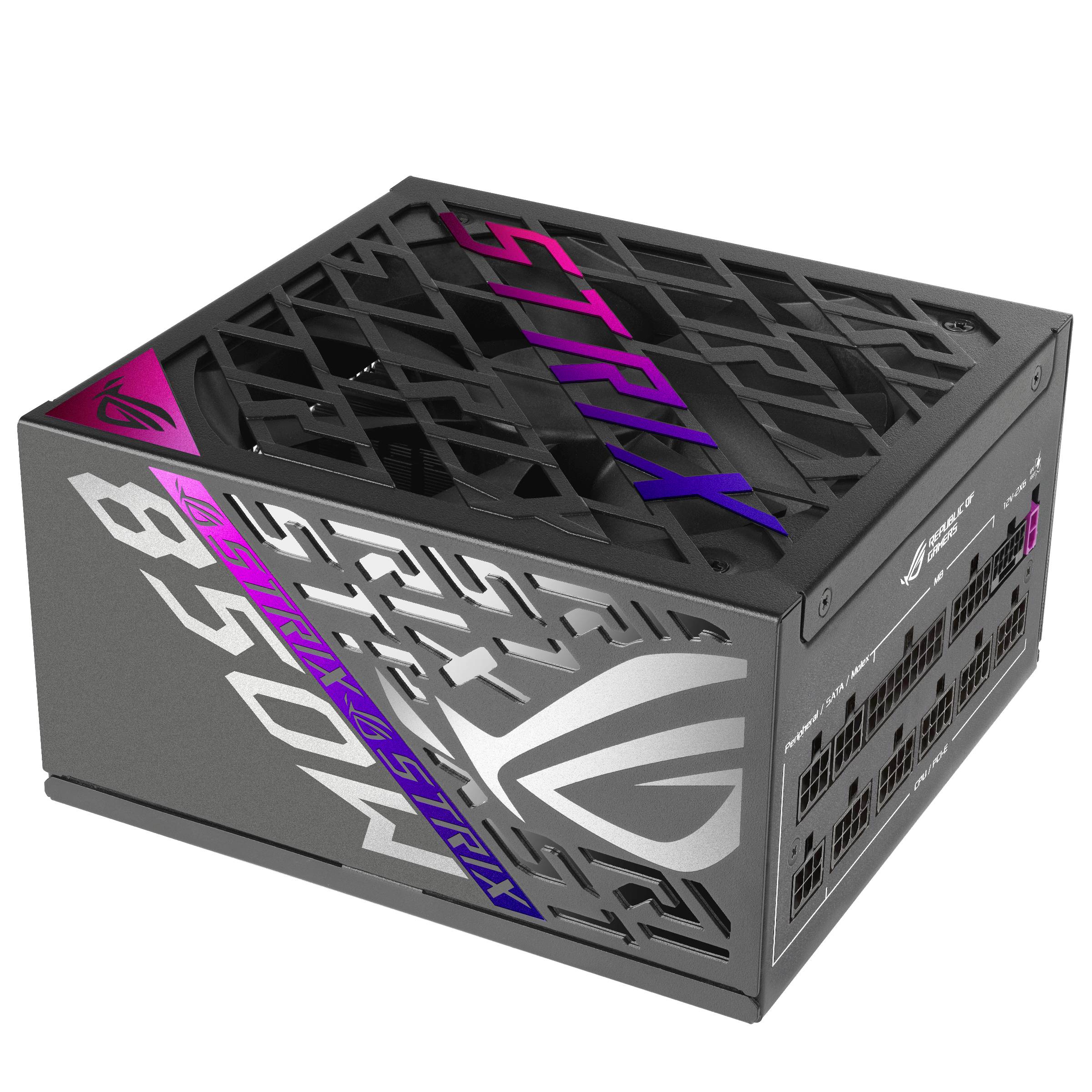 Schwarzes ASUS ROG STRIX Netzteil mit belüftetem oberen Bereich, RGB-ähnlicher Beschriftung und modularen Kabelanschlüssen an der Seite.