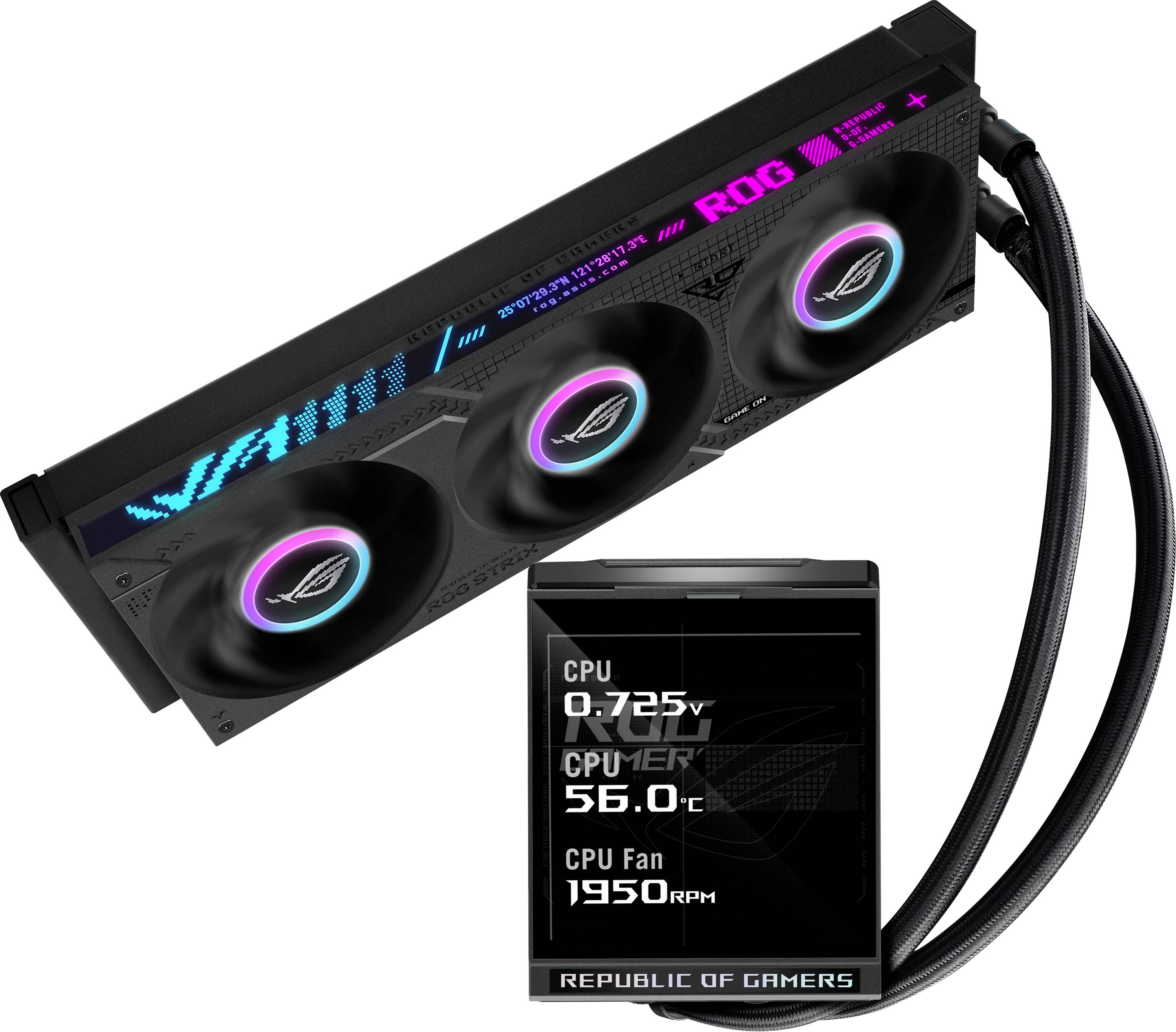 ROG Grafikkarte mit dreifacher Flüssigkeitskühlung, RGB-Beleuchtung und kleinem Display, das die CPU-Spannung, Temperatur und Lüftergeschwindigkeit anzeigt.