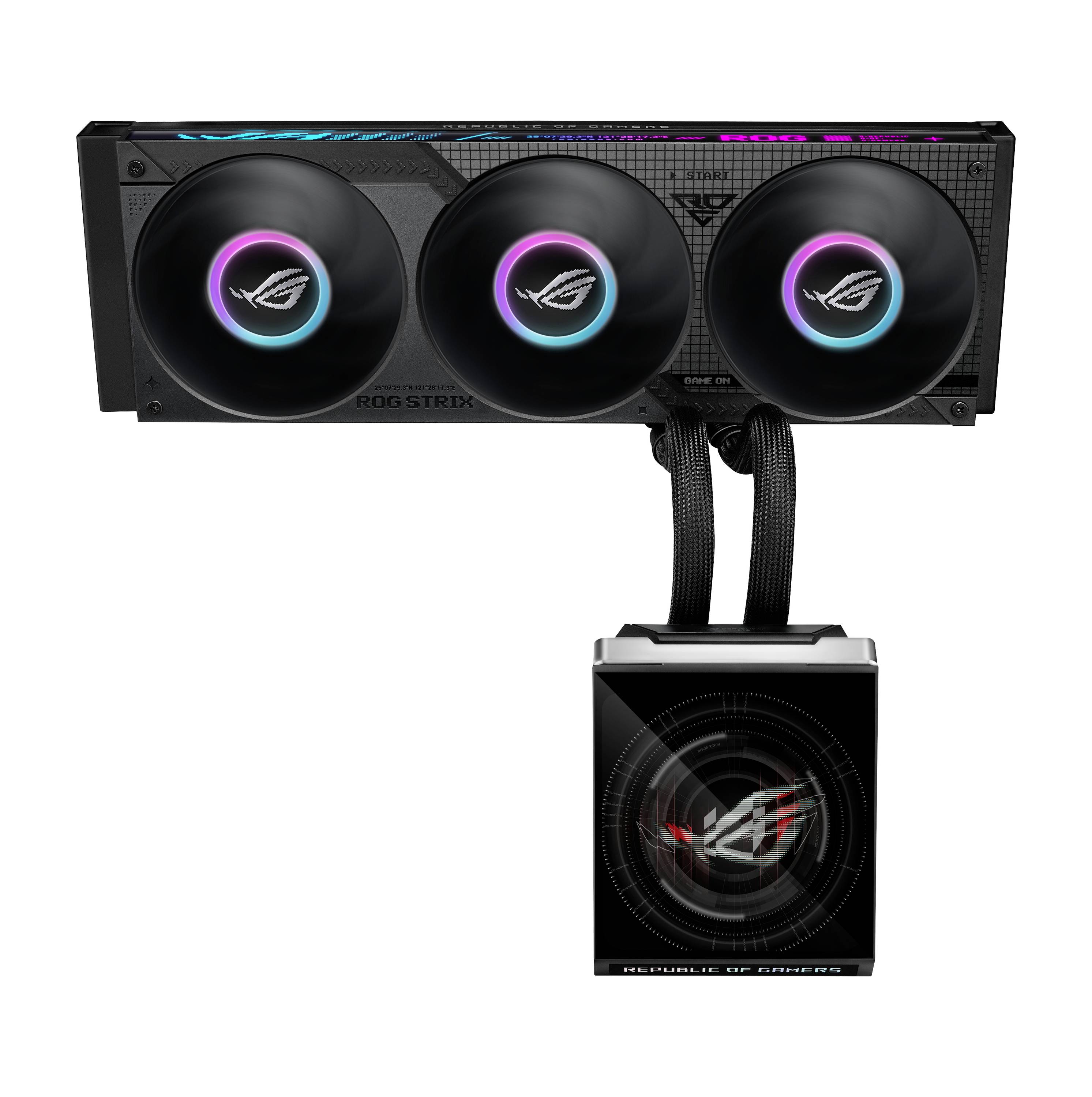 ASUS ROG STRIX Grafikkarte mit drei RGB-Lüftern, die durch geflochtene Schläuche mit einem Flüssigkeitskühlblock verbunden sind.