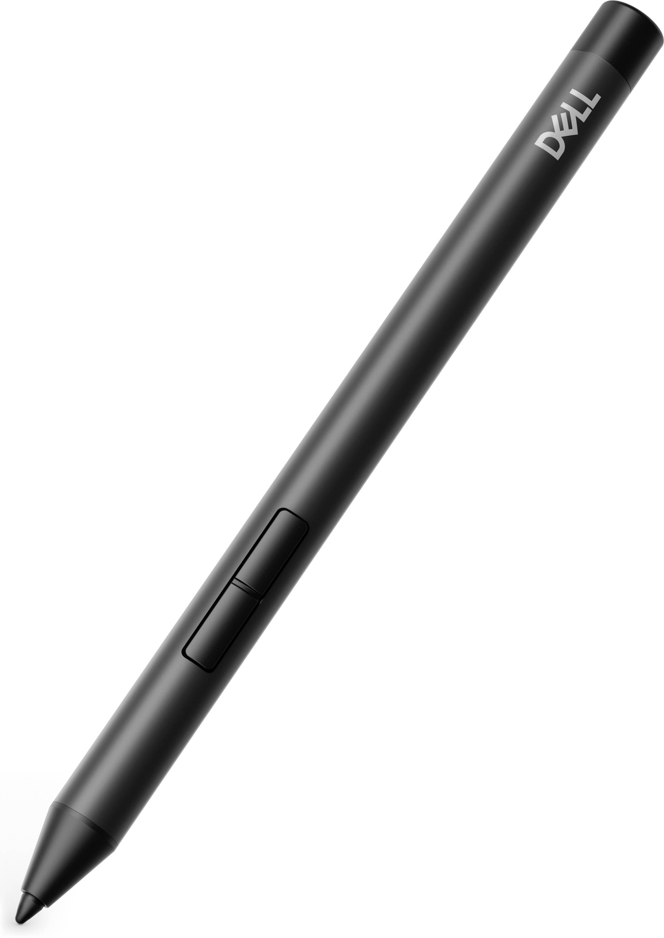 Schwarzer Dell Stylus-Stift mit zwei seitlichen Tasten, diagonal auf weißem Hintergrund dargestellt.