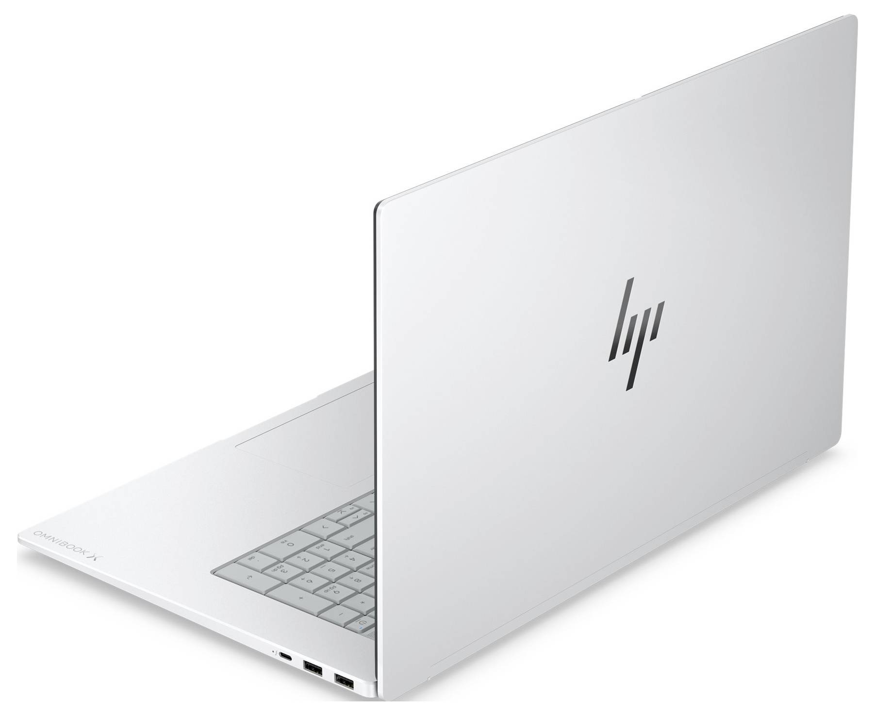 Silberner HP-Laptop, offen im Winkel dargestellt, wobei die Tastatur und das HP-Logo auf dem Deckel hervorgehoben sind.