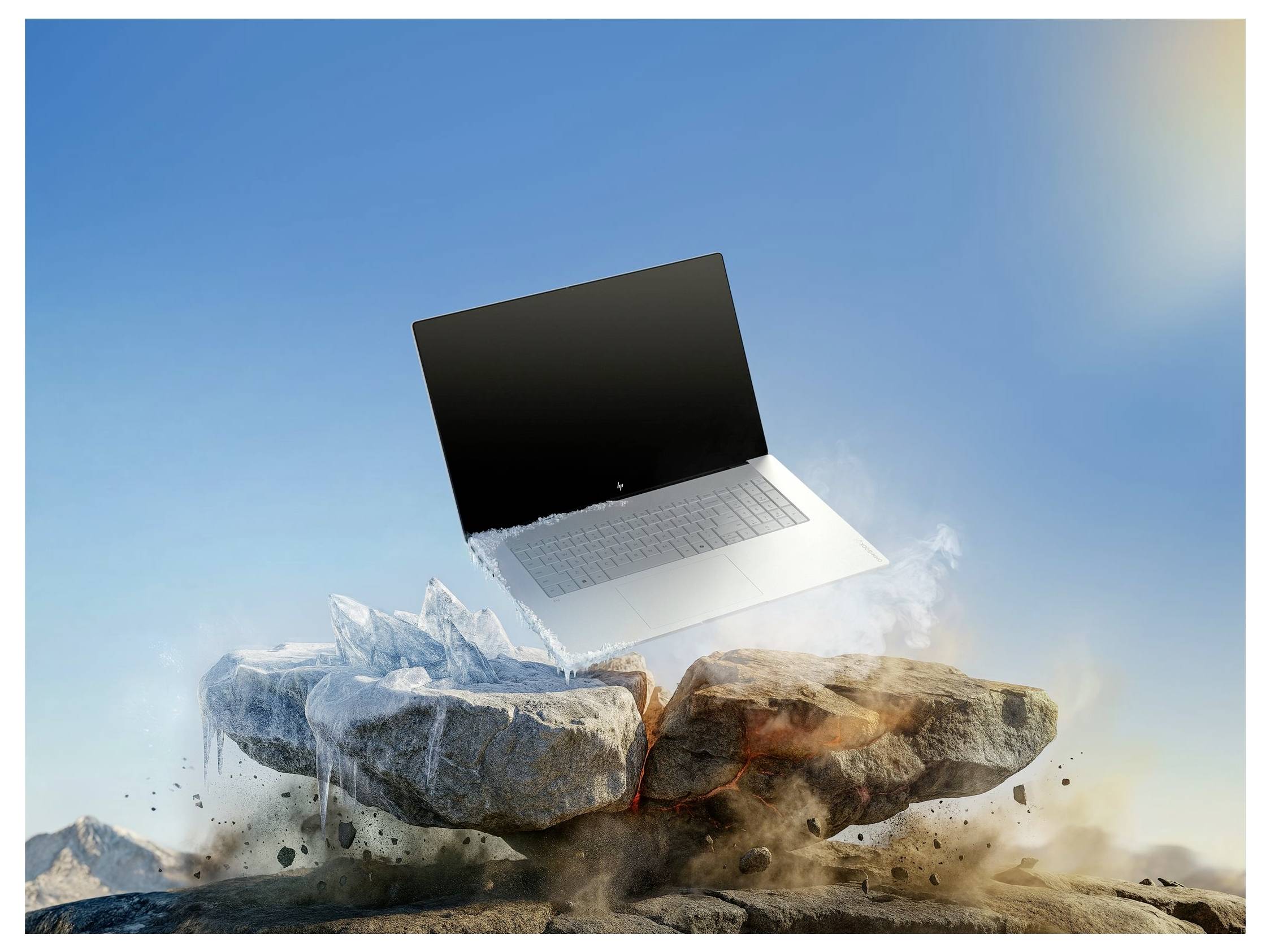 Laptop, der über aufgerissenen Felsen mit Staub und Rauch gegen einen blauen Himmel schwebt und auf Auswirkungen oder Instabilität hindeutet.