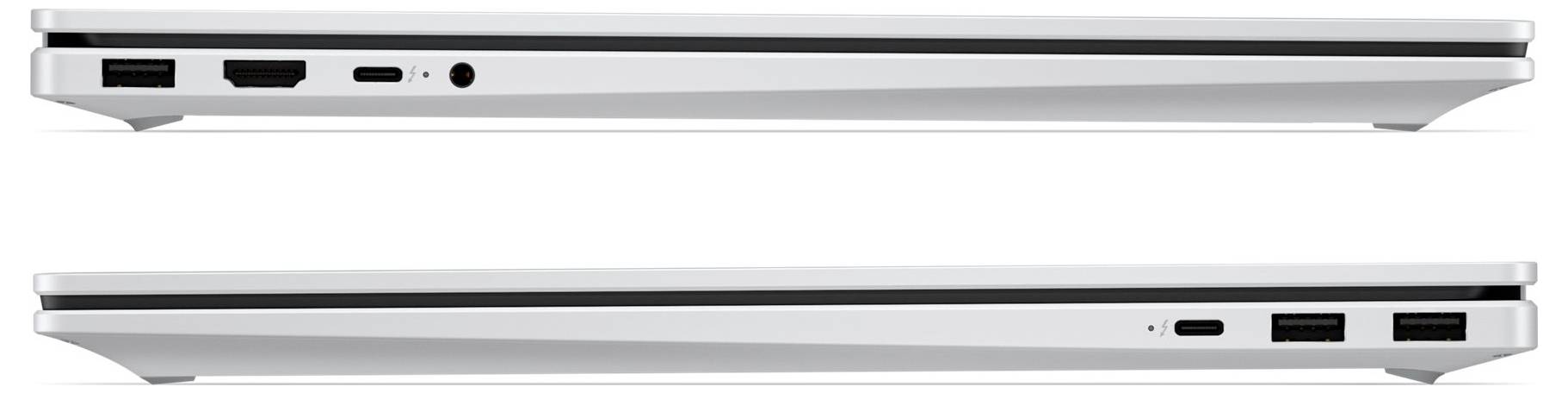 Seitenansichten eines silbernen Laptops zeigen die linke Seite mit Strom-, USB-C- und Audioanschlüssen und die rechte Seite mit zwei USB-A-Anschlüssen und einem USB-C-Anschluss.