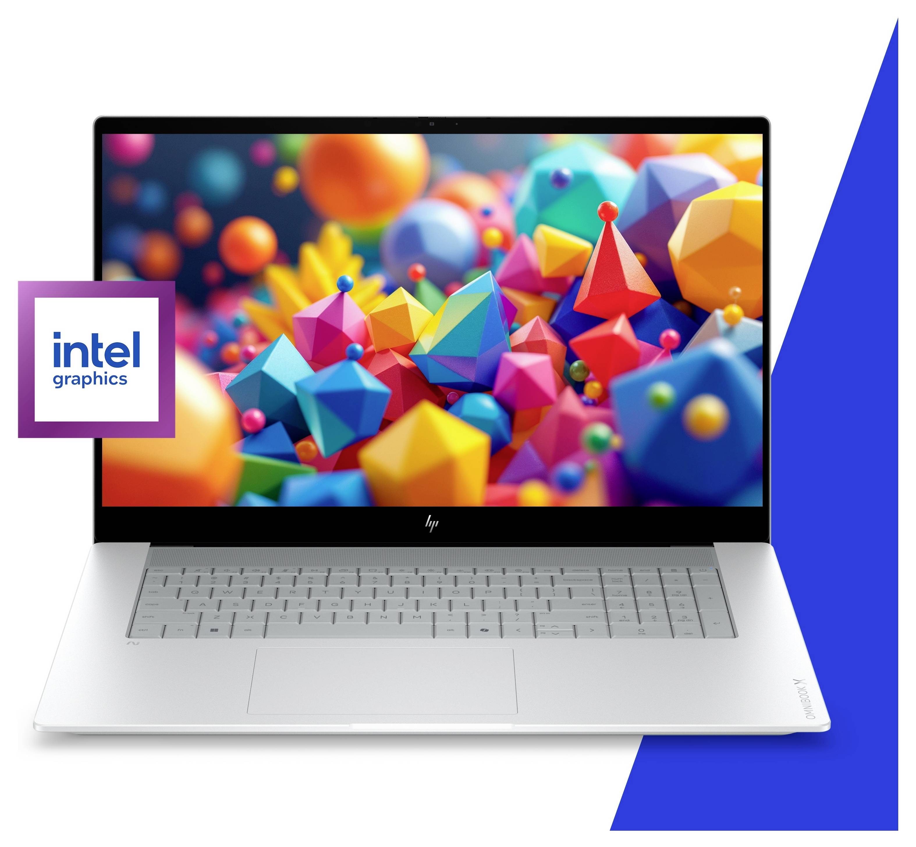 Silberner HP-Laptop, der farbenfrohe abstrakte 3D-Formen anzeigt, mit einem „Intel Graphics"-Badge auf der linken Seite und einem blauen diagonalen Akzent auf der rechten Seite.