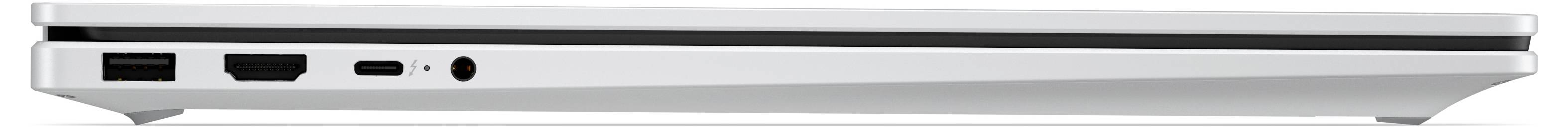 Seitenansicht eines schlanken silbernen Laptops, die seine Kante mit Anschlüssen, Anzeigelicht und zentralem schwarzem Streifen zeigt.