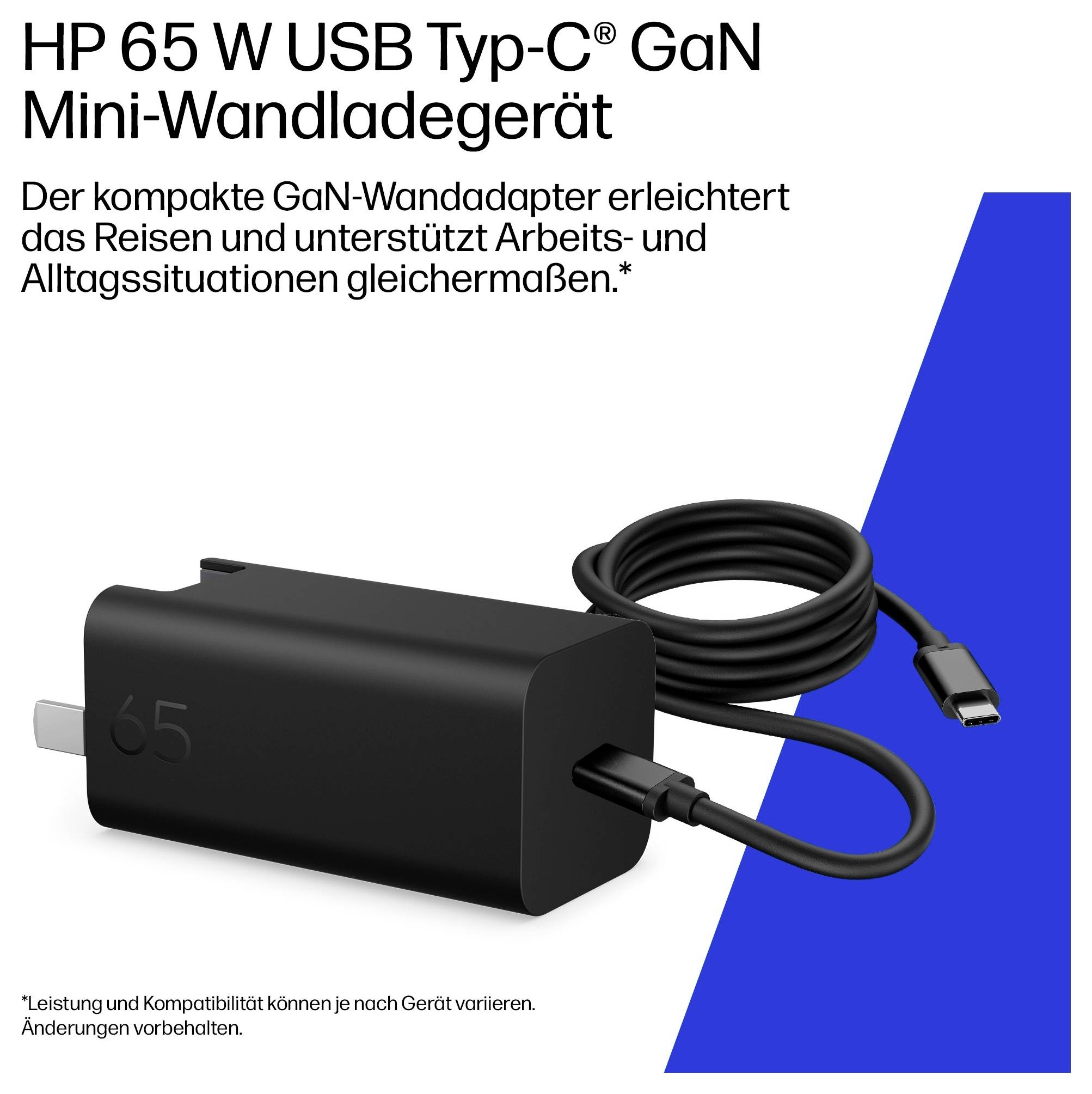 HP 65-W-USB-C-GaN-Miniladegerät mit angeschlossenem USB-C-Kabel, dargestellt als kompakter, reisefreundlicher Stromadapter.
