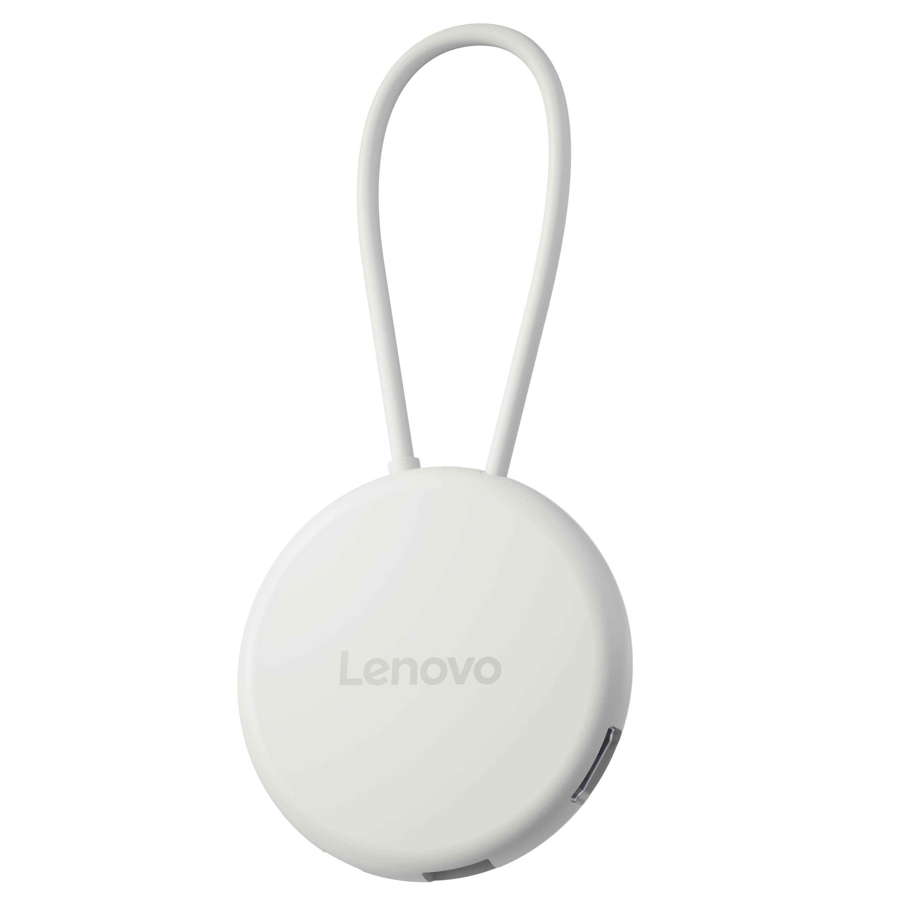 Weißer runder kabelloses Lenovo-Tracker mit Schleifenriemen und kleiner Seitentaste.