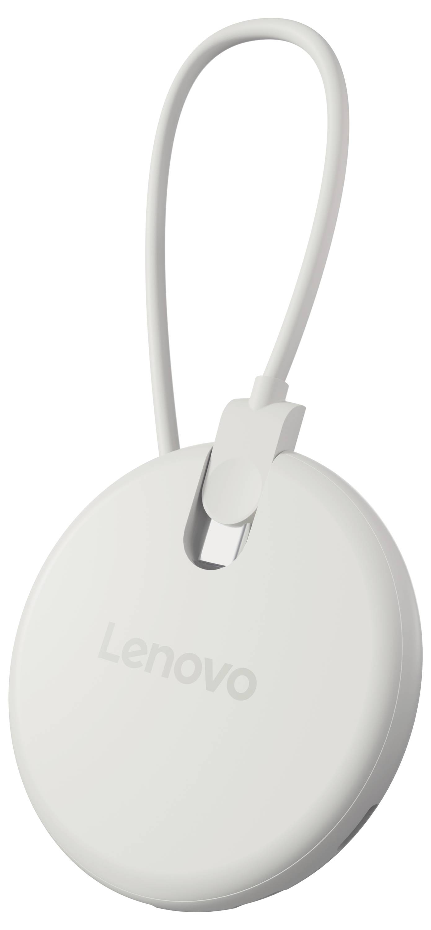 Weißer Lenovo runder Kabelclip/Halter mit angebrachter Schlaufenkordel, gezeigt auf einfachem weißem Hintergrund