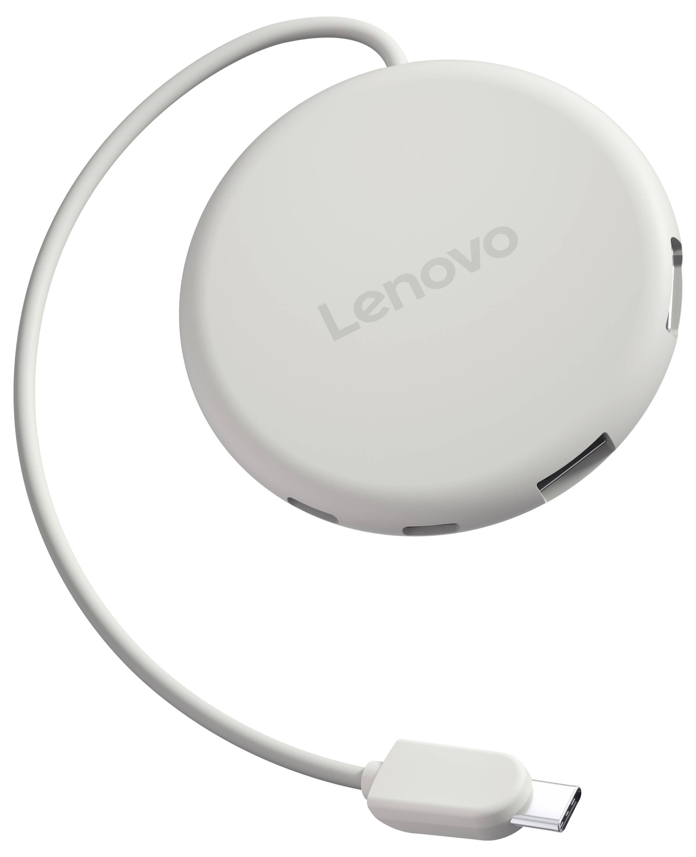 Weißes Lenovo-Gerät mit rundem Design, USB-C-Anschluss mit angebrachtem Kabel und Stecker