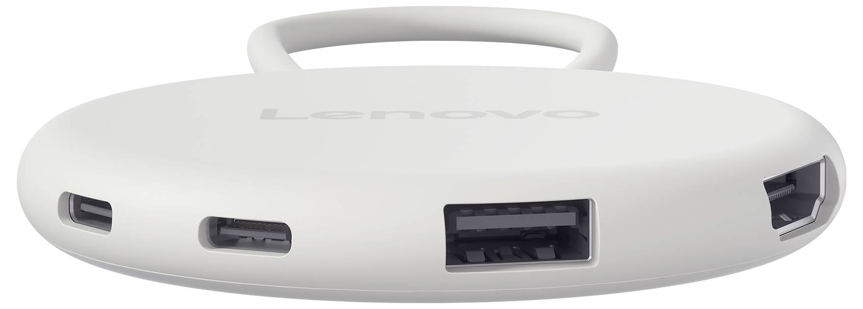 Weiß Lenovo USB-C-Hub von oben gezeigt, mit integriertem Griff und vier seitlichen Anschlüssen sichtbar.