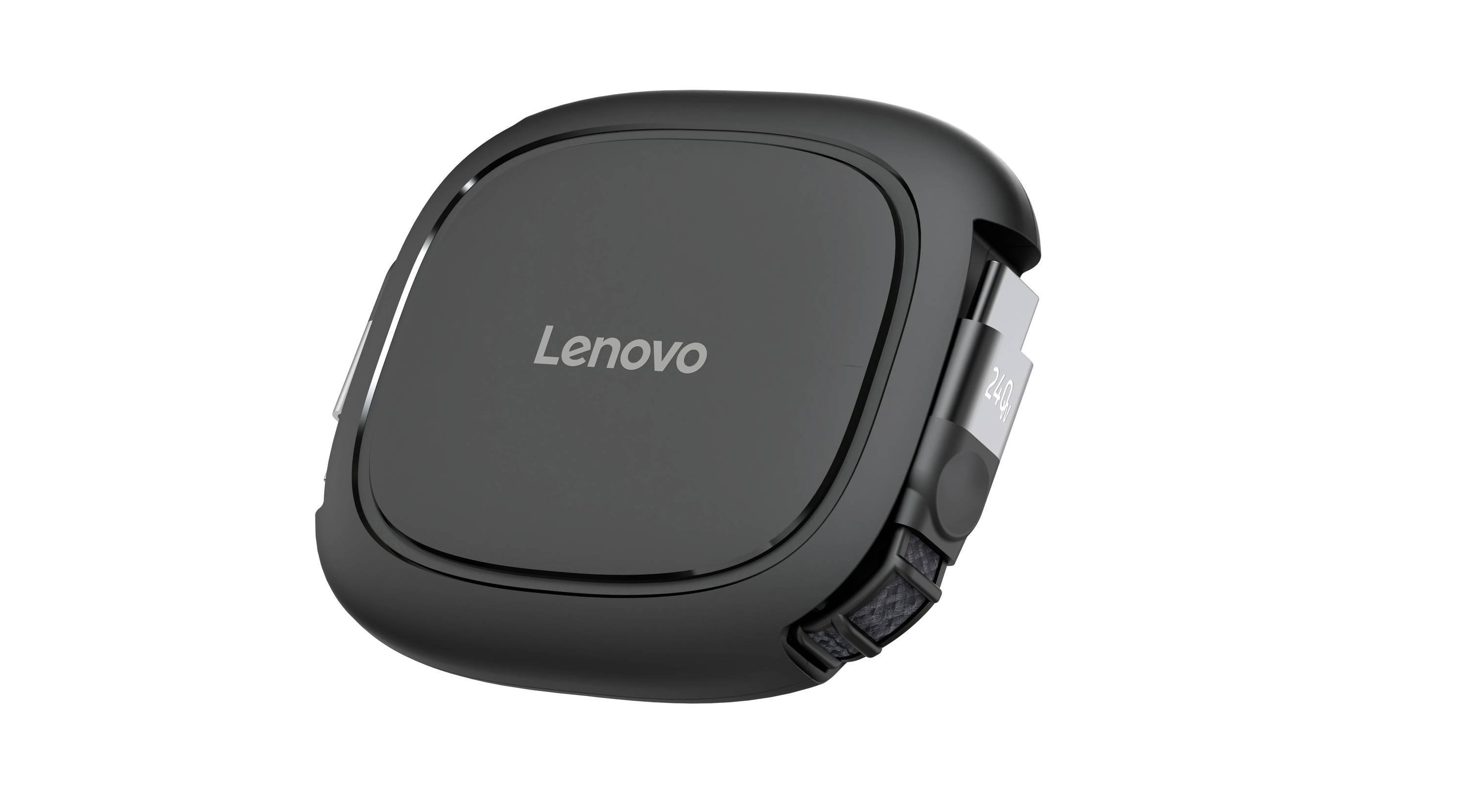 Schwarzes tragbares elektronisches Lenovo-Gerät in Großaufnahme, mit dem Lenovo-Logo zentriert auf der Vorderseite.