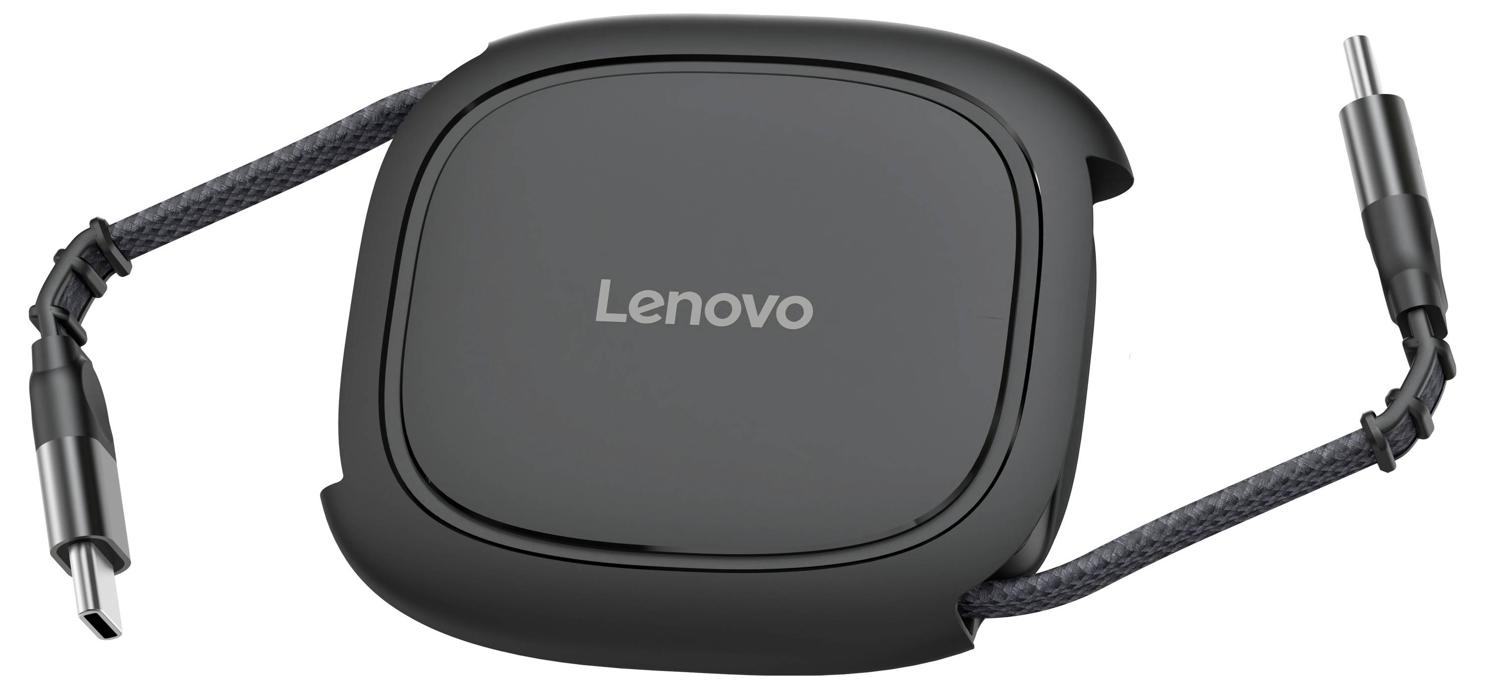 Lenovo-Adapter in Schwarz mit USB-C-Anschluss, zwei geflochtenen Kabeln und Steckverbindern auf weißem Hintergrund.