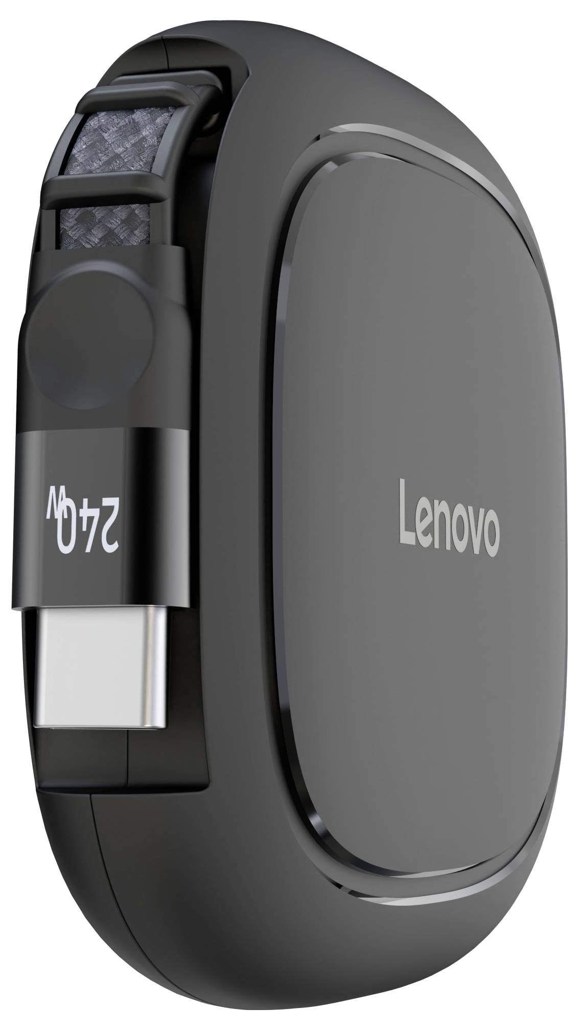 Schwarze Lenovo ausziehbare USB-C-Kabelrolle mit integriertem Kabelclip-Halter.