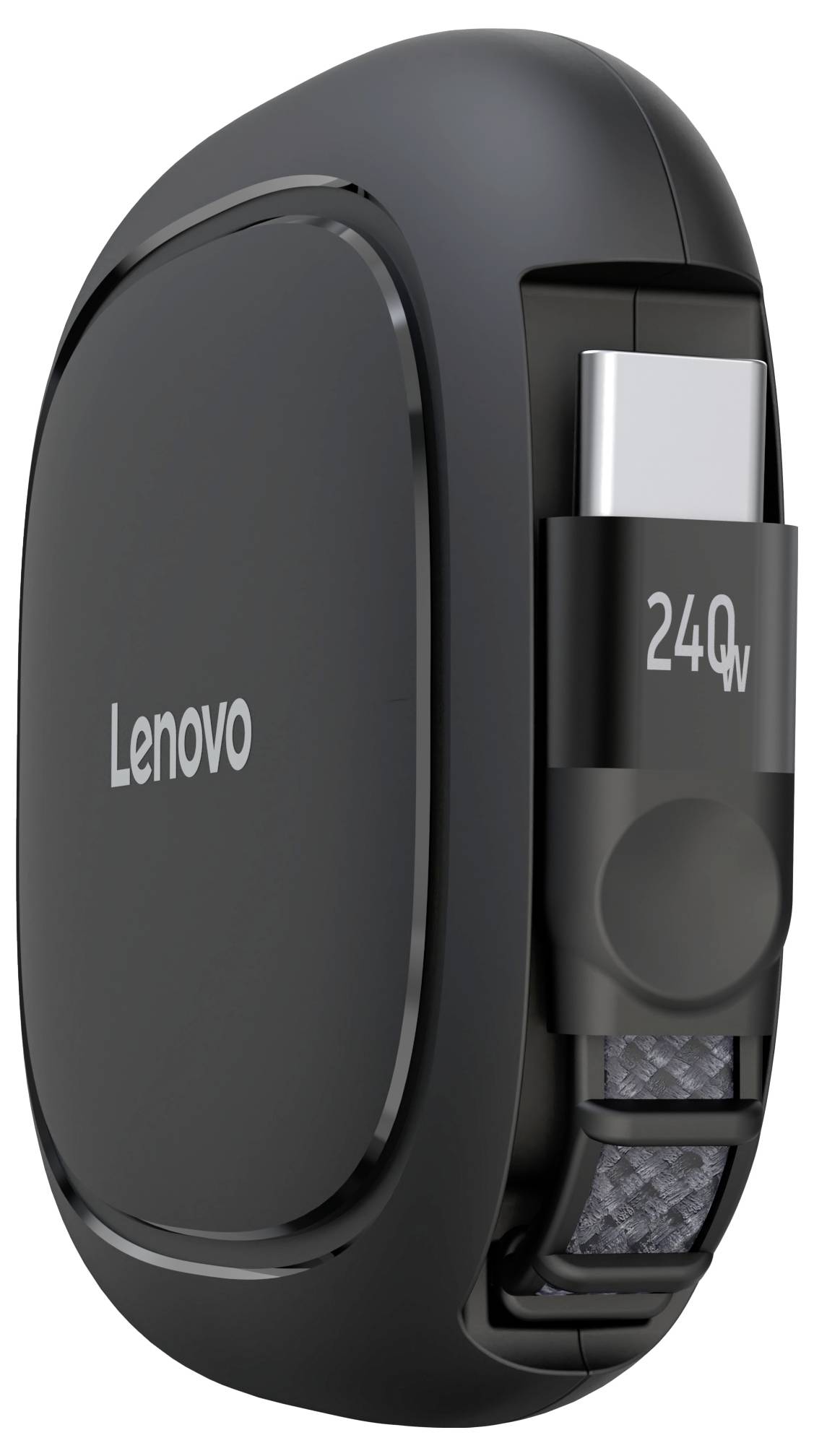 Schwarzes Lenovo 240W USB-C-Ladegerät mit angeschlossenem Kabel und sichtbarem Anschluss in einem kompakten, kofferähnlichen Design.