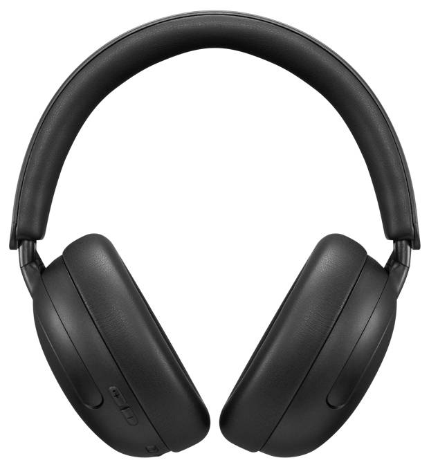 Schwarze kabellose Over-Ear-Kopfhörer auf weißem Hintergrund, Vorderansicht dargestellt.