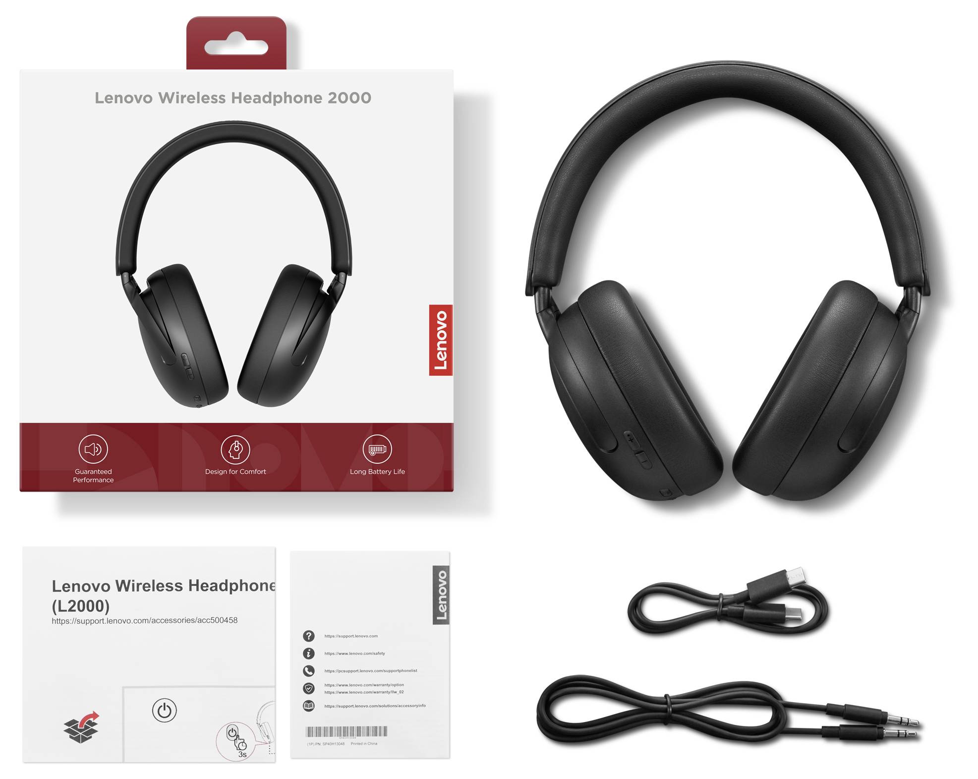 Produktabbildung des Lenovo Wireless Headphone 2000 mit schwarzen Over-Ear-Kopfhörern, Einzelhandelskarton, Bedienungsanleitung und Ladekabel.