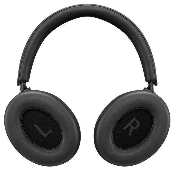 Schwarze Over-Ear-Kopfhörer mit linken und rechten Ohrmuscheln, die auf weißem Hintergrund mit L und R gekennzeichnet sind.