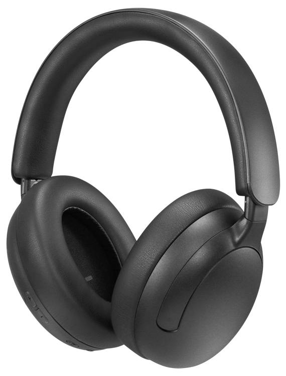 Schwarze drahtlose Over-Ear-Kopfhörer mit gepolstertem Kopfbügel und Ohrpolstern auf weißem Hintergrund.