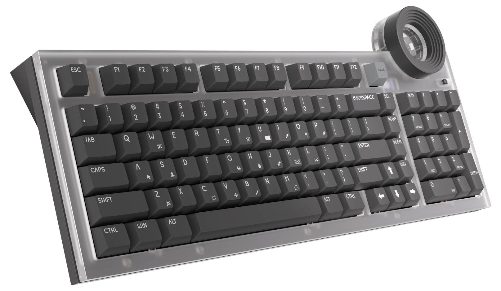 Kompakte mechanische Tastatur mit einem runden Bedienregler oben rechts, in Schrägansicht auf weißem Hintergrund dargestellt.