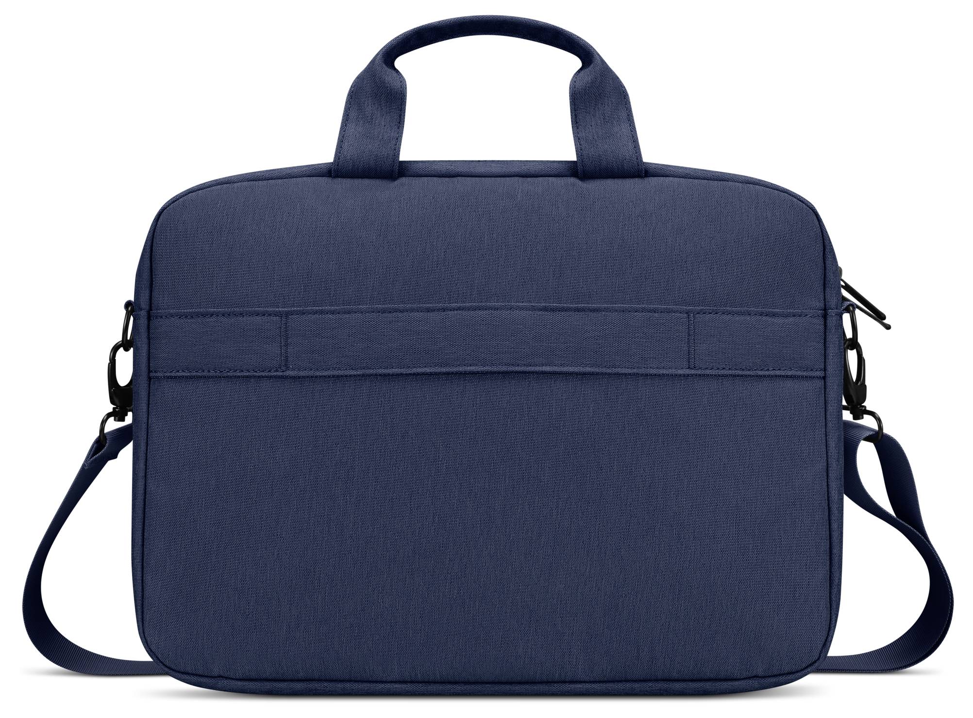 Marineblauwe Laptoptasche mit Griffen oben, Reißverschlusstasche vorne und abnehmbarem Schultergurt auf weißem Hintergrund.