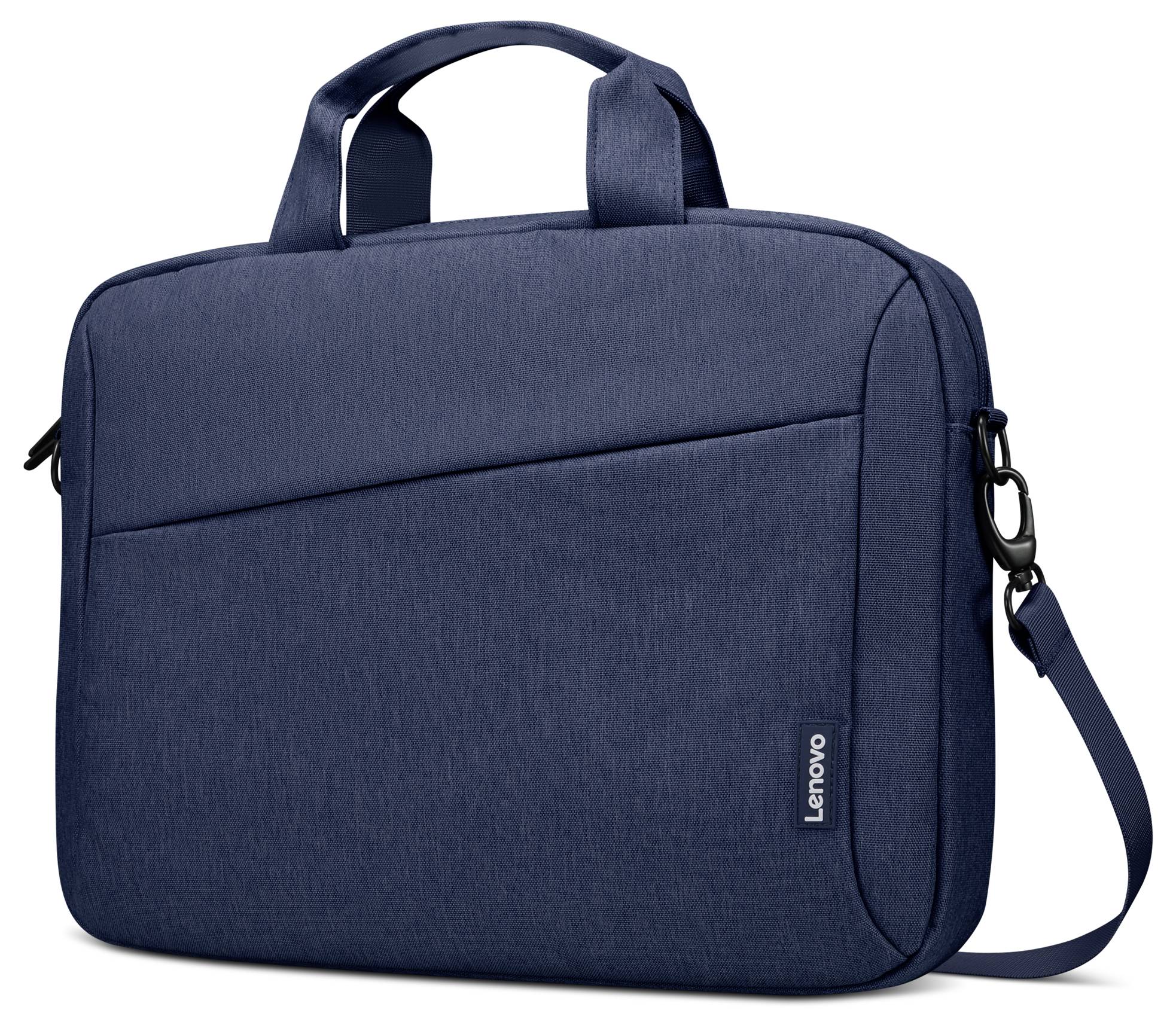 Marineblaue Lenovo-Laptop-Tragetasche mit Griffen oben und Schultergurt auf weißem Hintergrund.