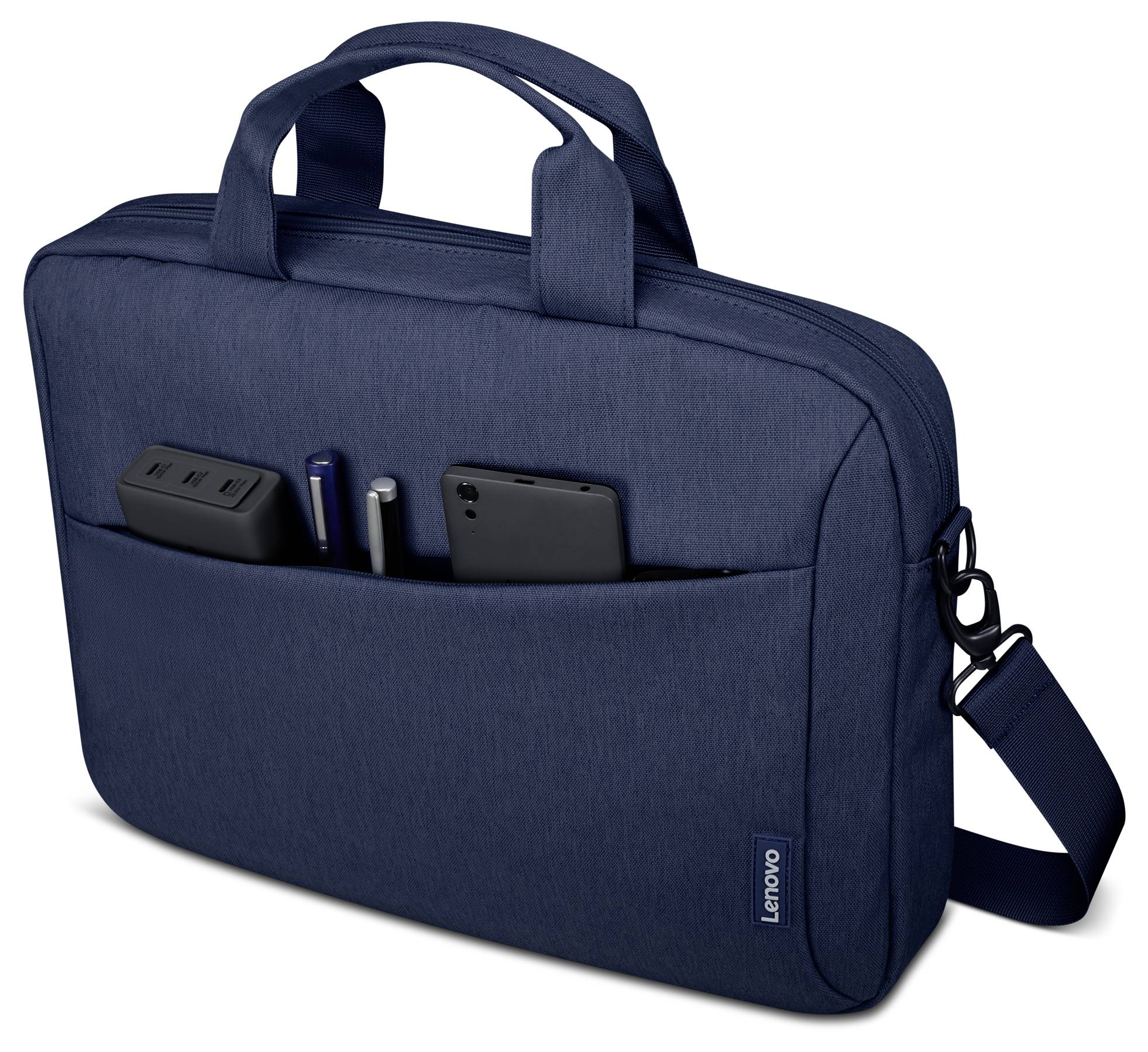 Dunkelblau Lenovo Laptop-Aktentasche mit Griffen, Schultergurt und Vordertasche mit Powerbank, Stiften und Smartphone.