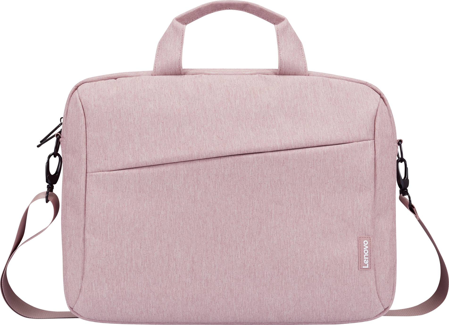 Rosa Stoff-Laptoptasche mit Schultergurt, Griff oben und verstellbarem Riemen, auf weißem Hintergrund dargestellt.