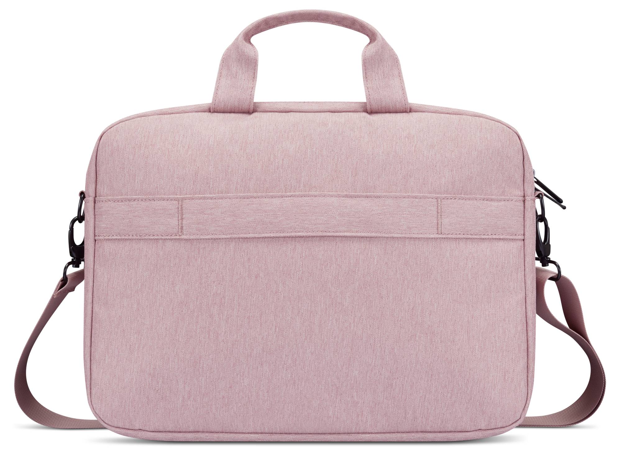 Rosa Laptoptasche mit Griffen oben und Schultergurt, Vorderansicht vor weißem Hintergrund.