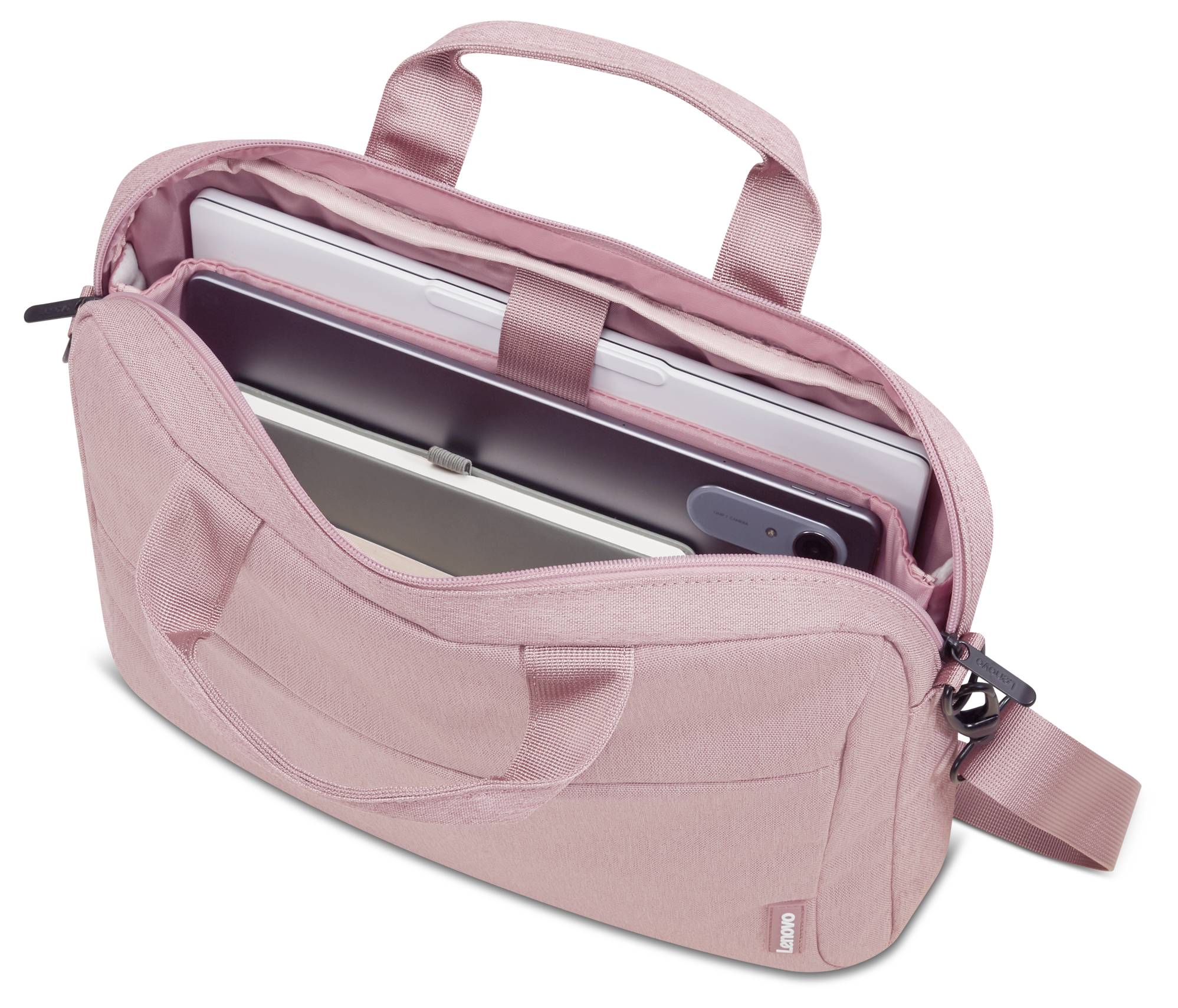 Rosa Laptop-Schutzhülle mit Griff und Schultergurt, geöffnet dargestellt mit einem Laptop und Tablet im Inneren.