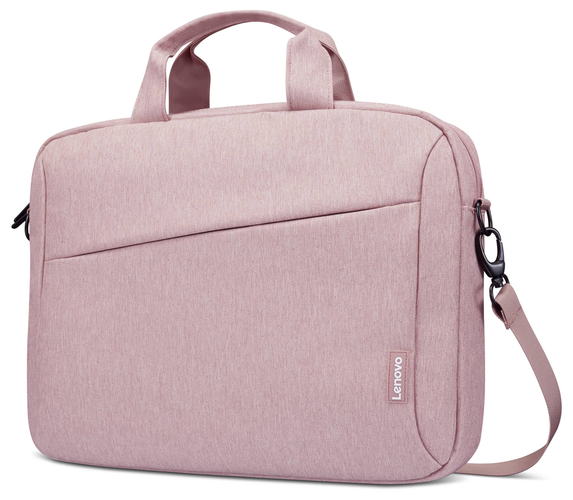 Rosa Lenovo Laptop-Aktentasche mit Griffen und Schultergurt, dargestellt auf weißem Hintergrund.