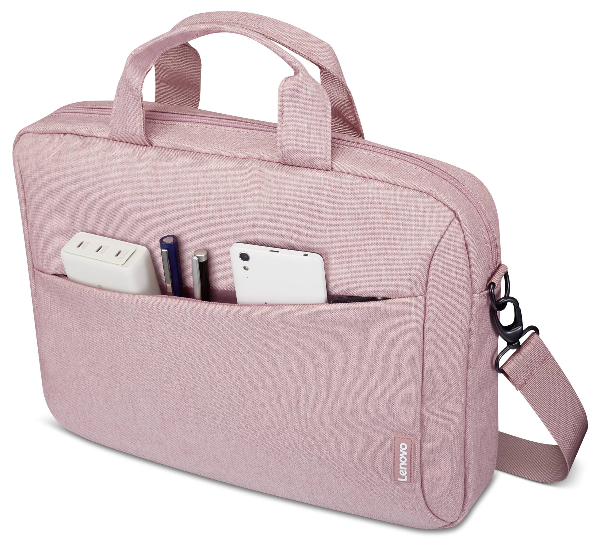 Rosa Lenovo Laptop-Tasche mit Griffen, Schultergurt und Vordertasche, in der ein Stromverteiler, Stifte und ein Smartphone aufbewahrt werden.
