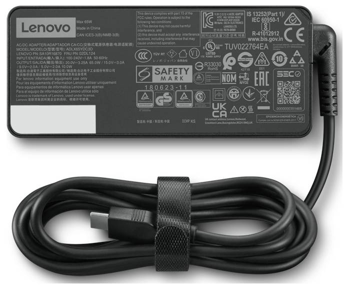 Lenovo Laptop-Netzteil mit angeschlossenem Spiralladekabel und Stecker