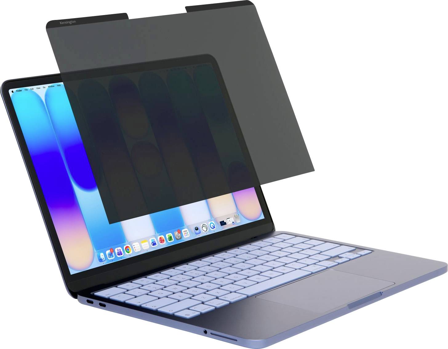 Datenschutzfilter für Tablet-Bildschirm, der über einen Laptop angebracht ist und die Anzeige verdunkelt, um Seitenblicke zu blockieren.
