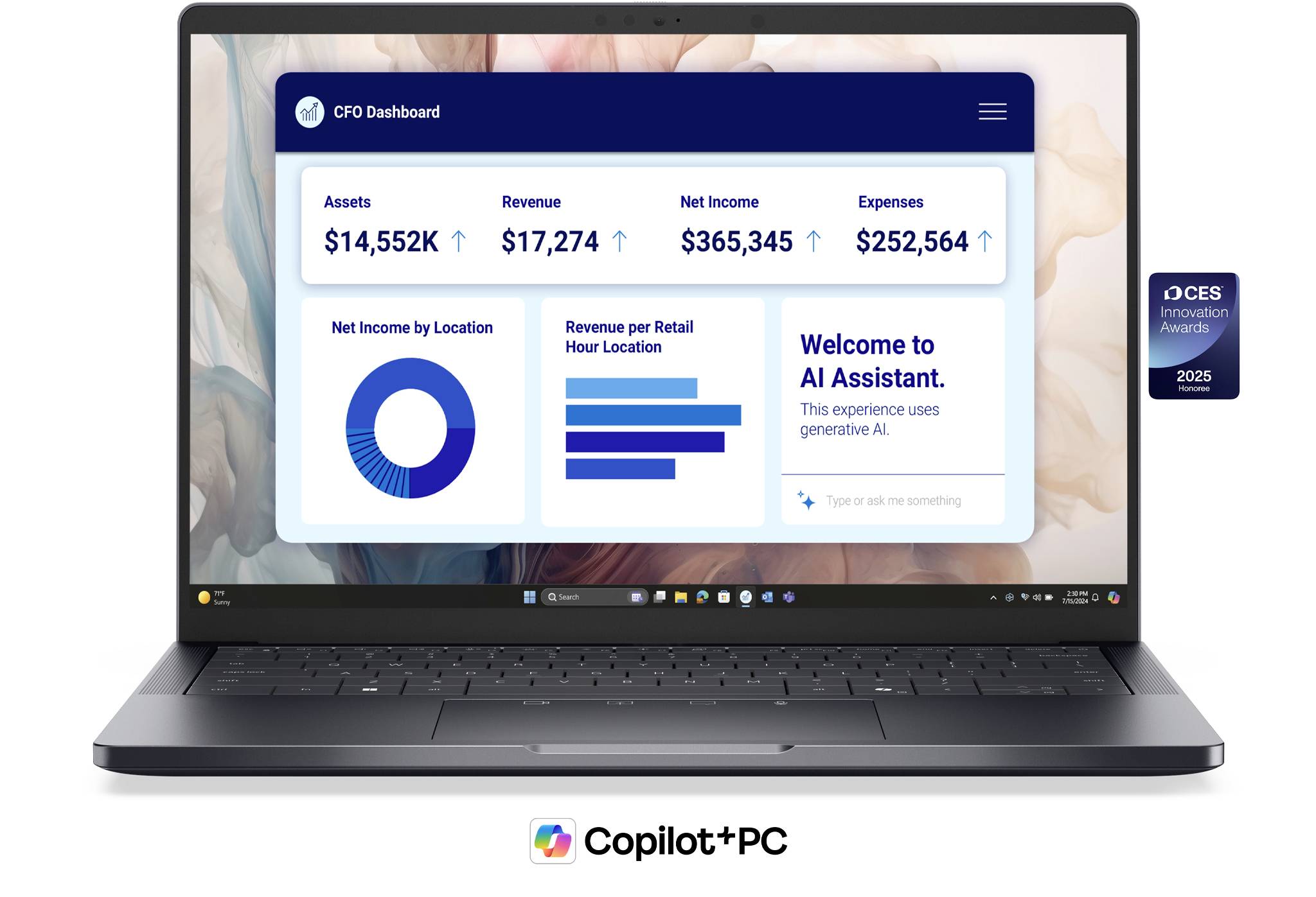 Ein Laptop zeigt ein CFO-Dashboard mit Finanzkennzahlen, Ringdiagrammen und Balkendiagrammen sowie einen 