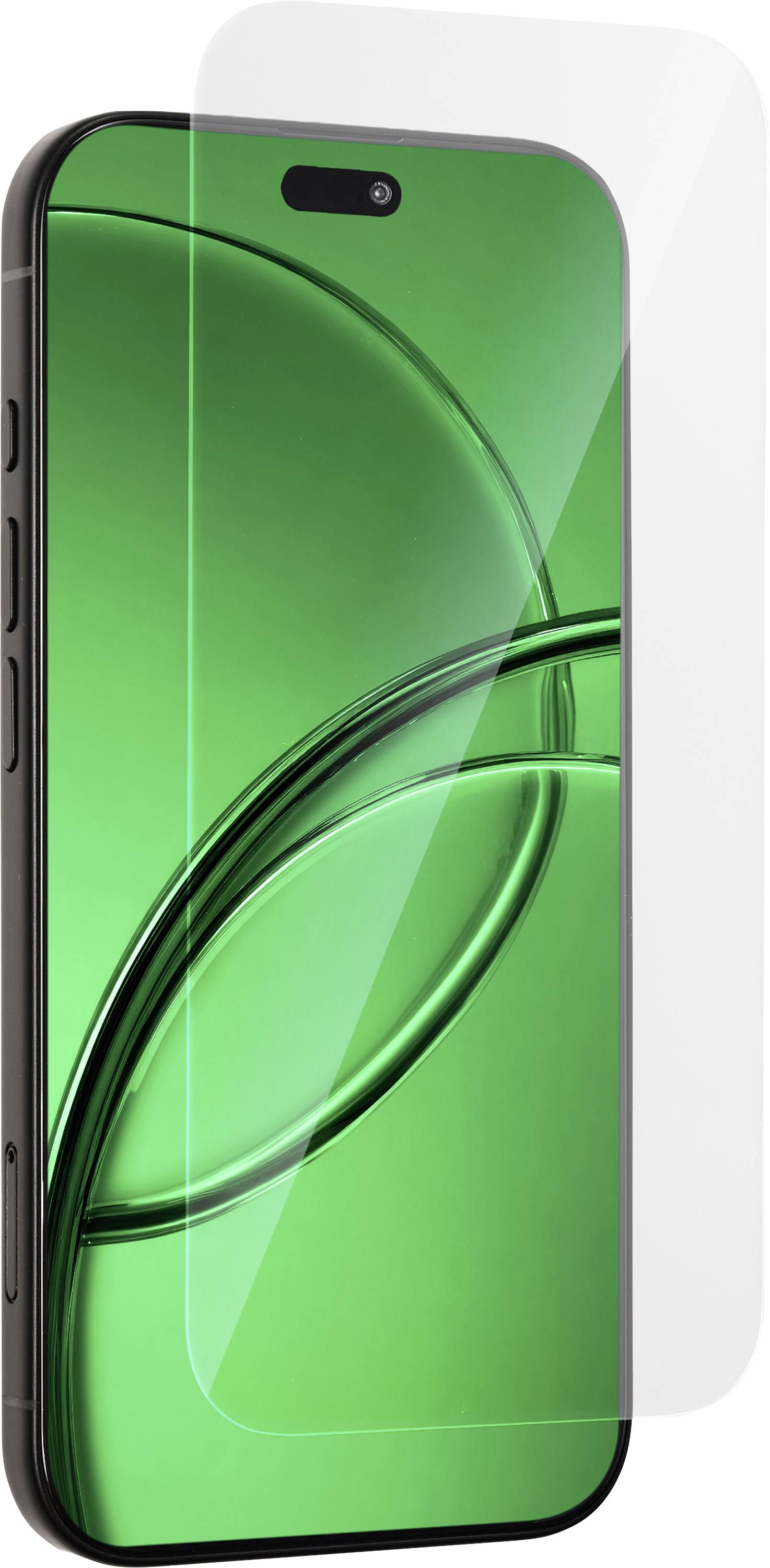 Ein Smartphone in Vorderansicht mit hellem grünem abstraktem Bildschirmhintergrundbild und zentrierter Punch-Hole-Kamera oben.