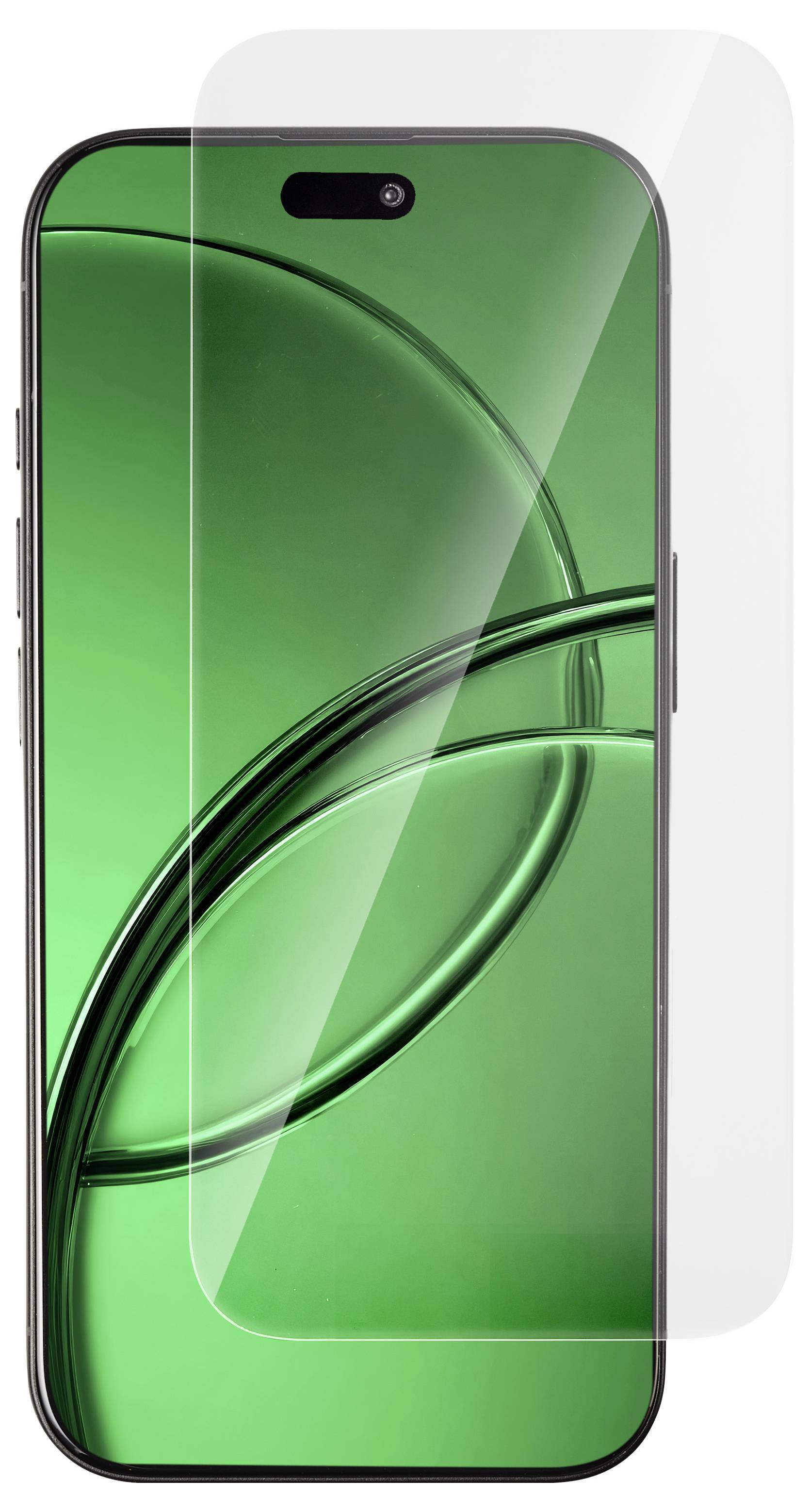 Vorderansicht eines Smartphones mit grünem abstraktem Hintergrundbild und einer transparenten Schutzfolienabdeckung, die auf dem Display zentriert ist.