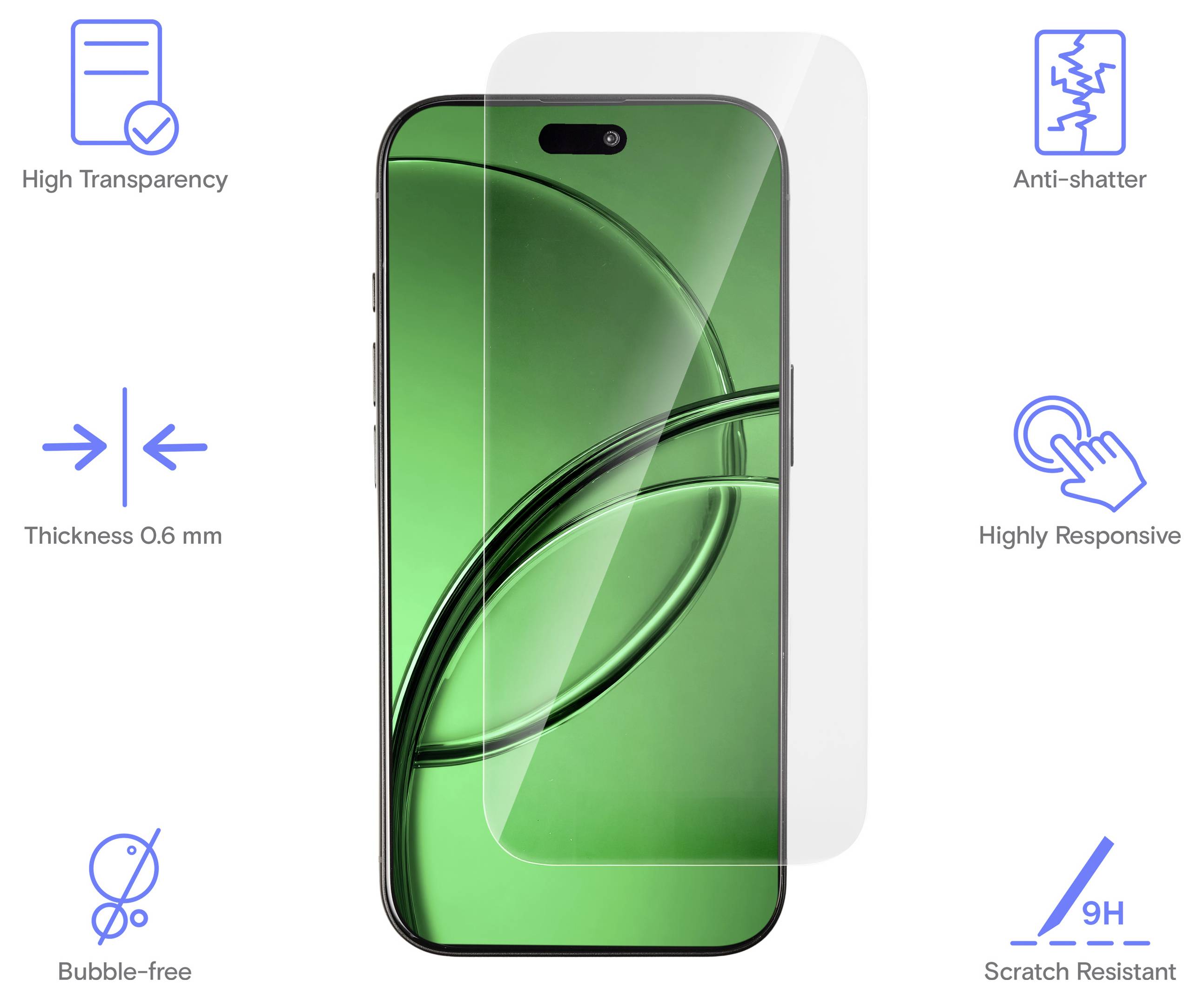 Displayschutzfolie für Smartphones, die auf einem Telefon angebracht ist und folgende Eigenschaften hervorhebt: hohe Transparenz, 0,6 mm Dünnheit, blasenfreie Anbringung, bruchsicher, hohe Reaktionsfähigkeit und 9H Kratzerresistenz.