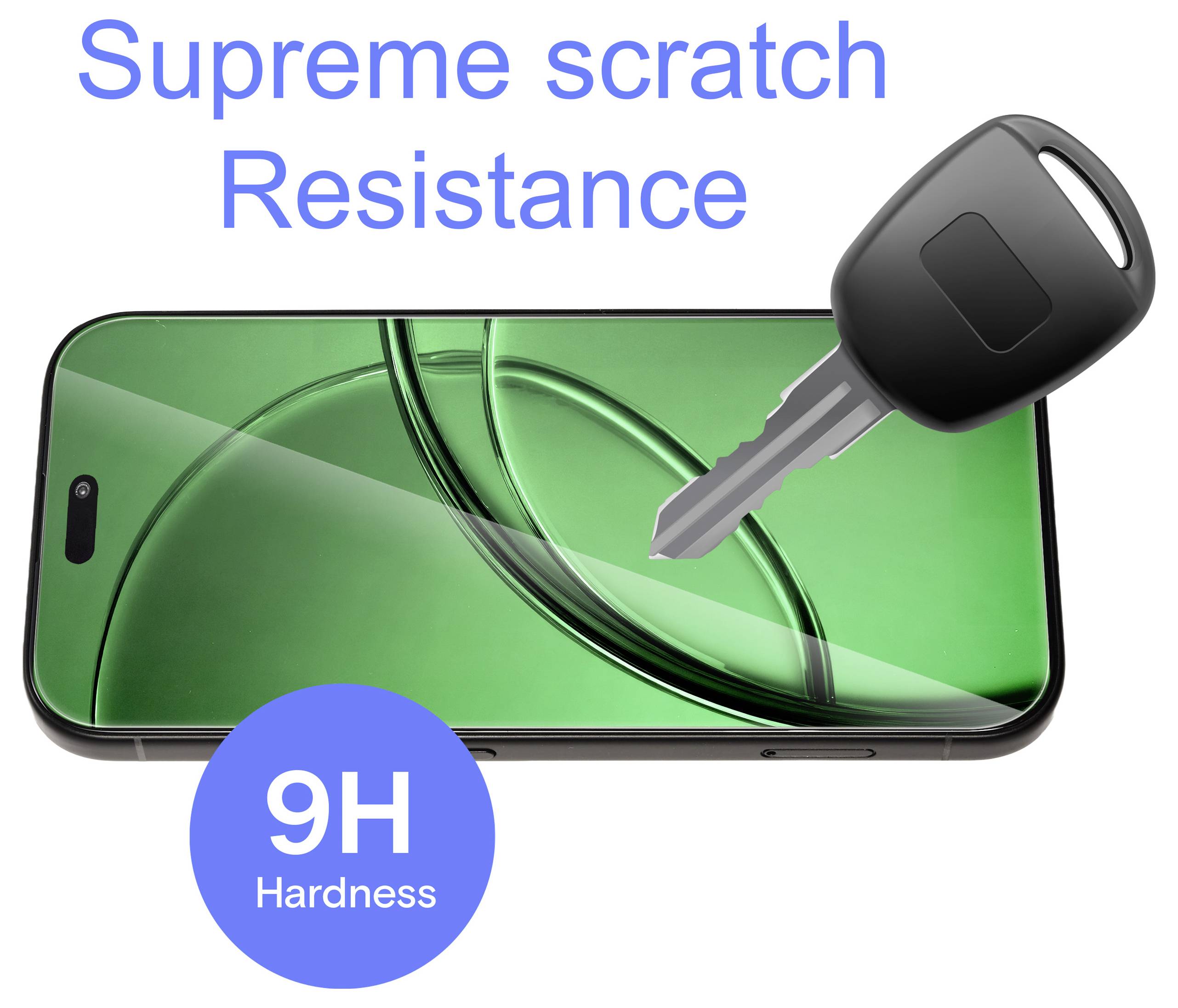 Werbegrafik einer Displayschutzfolie für Smartphones mit dem Text „Supreme scratch Resistance