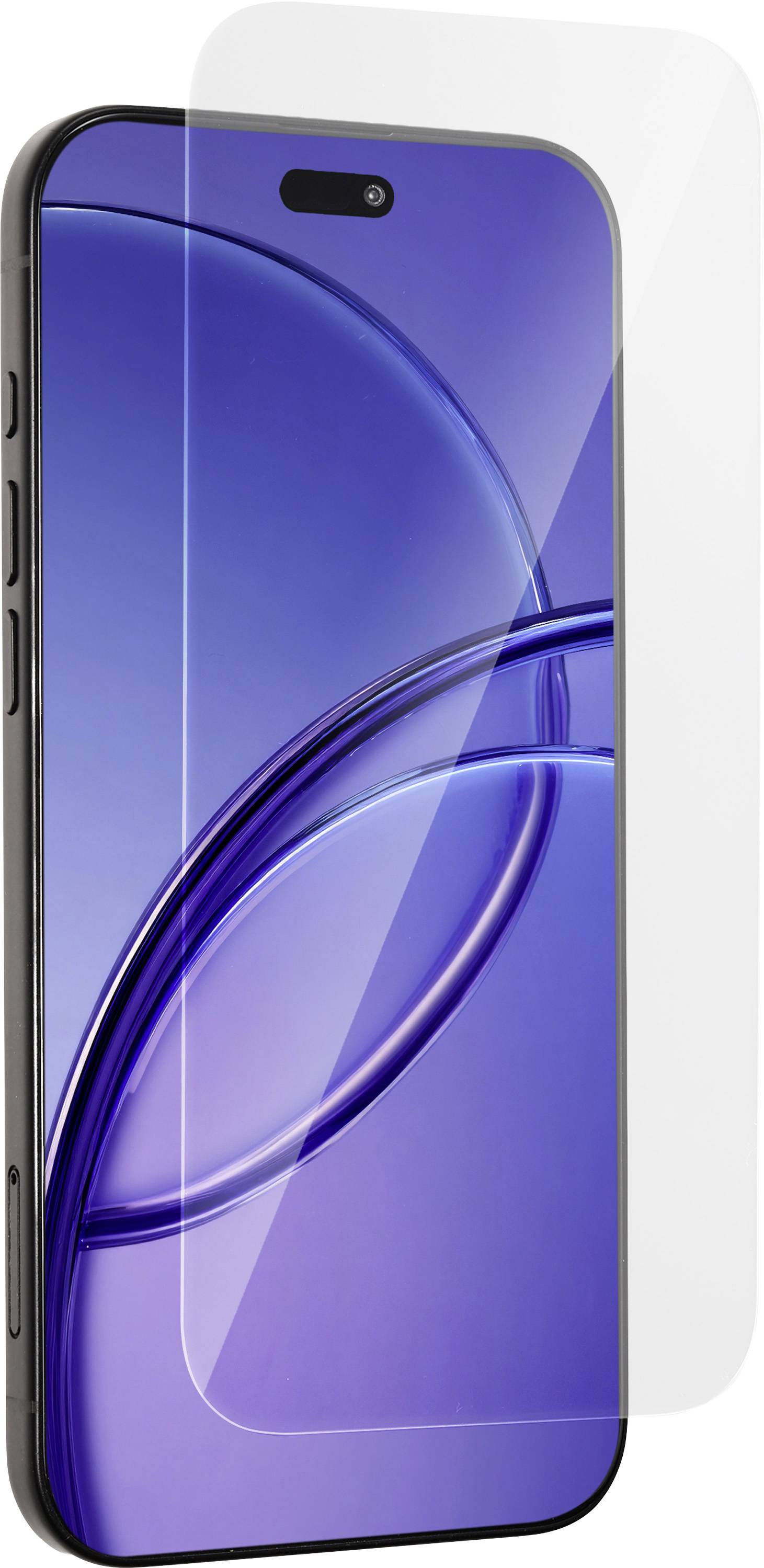 Smartphone-Frontalansicht mit blauviolettem abstraktem Hintergrundbild und abgerundeter rechteckiger transparenter Überlagerung, die die Passform des Displayschutzes zeigt.