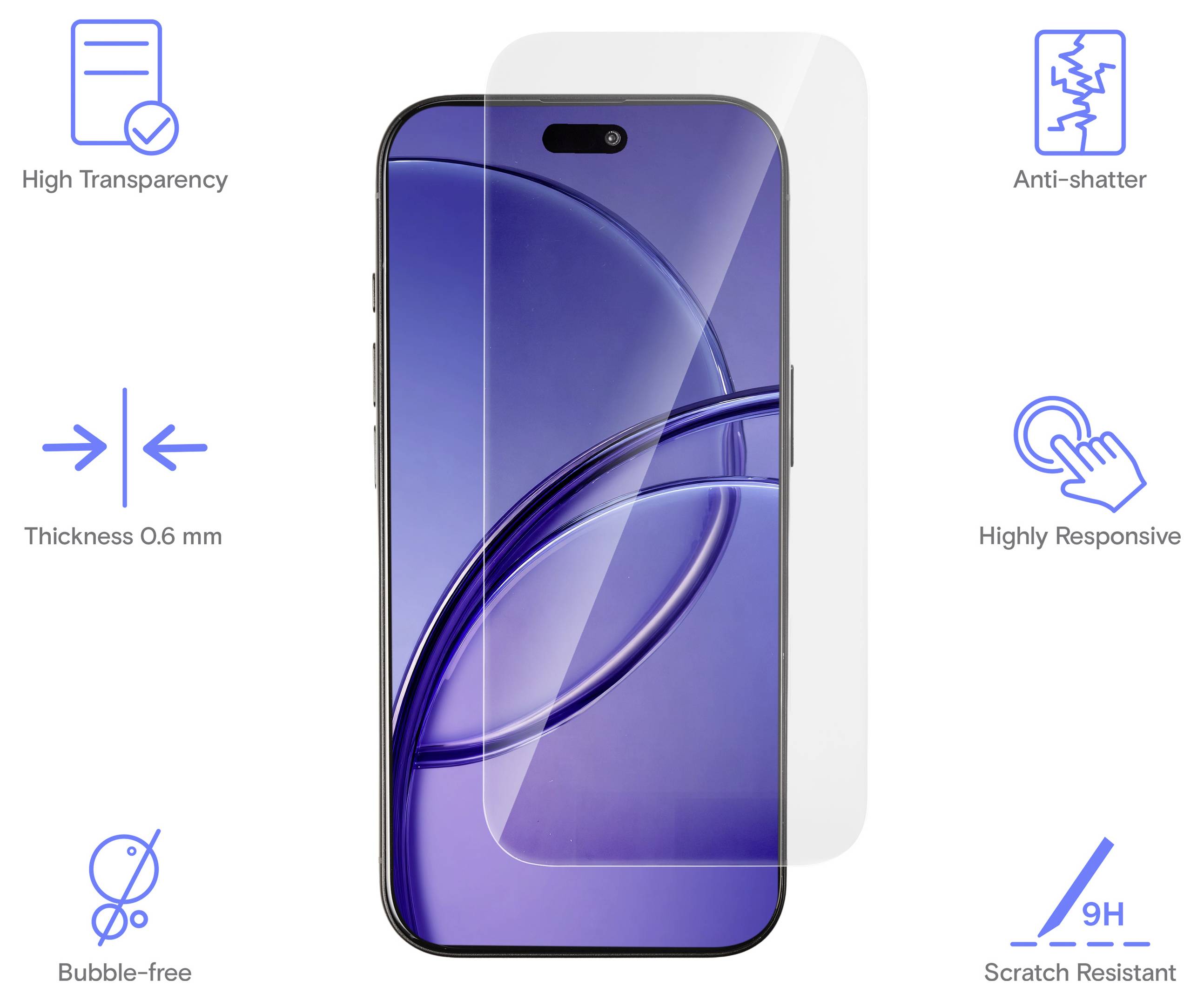 Smartphone-Displayschutzfolie, die auf einem Telefon angebracht ist und hohe Transparenz, 0,6 mm Dünnheit, blasenfreie Installation, Bruchschutz, hohe Reaktionsfähigkeit und 9H-Kratzerbeständigkeit hervorhebt.