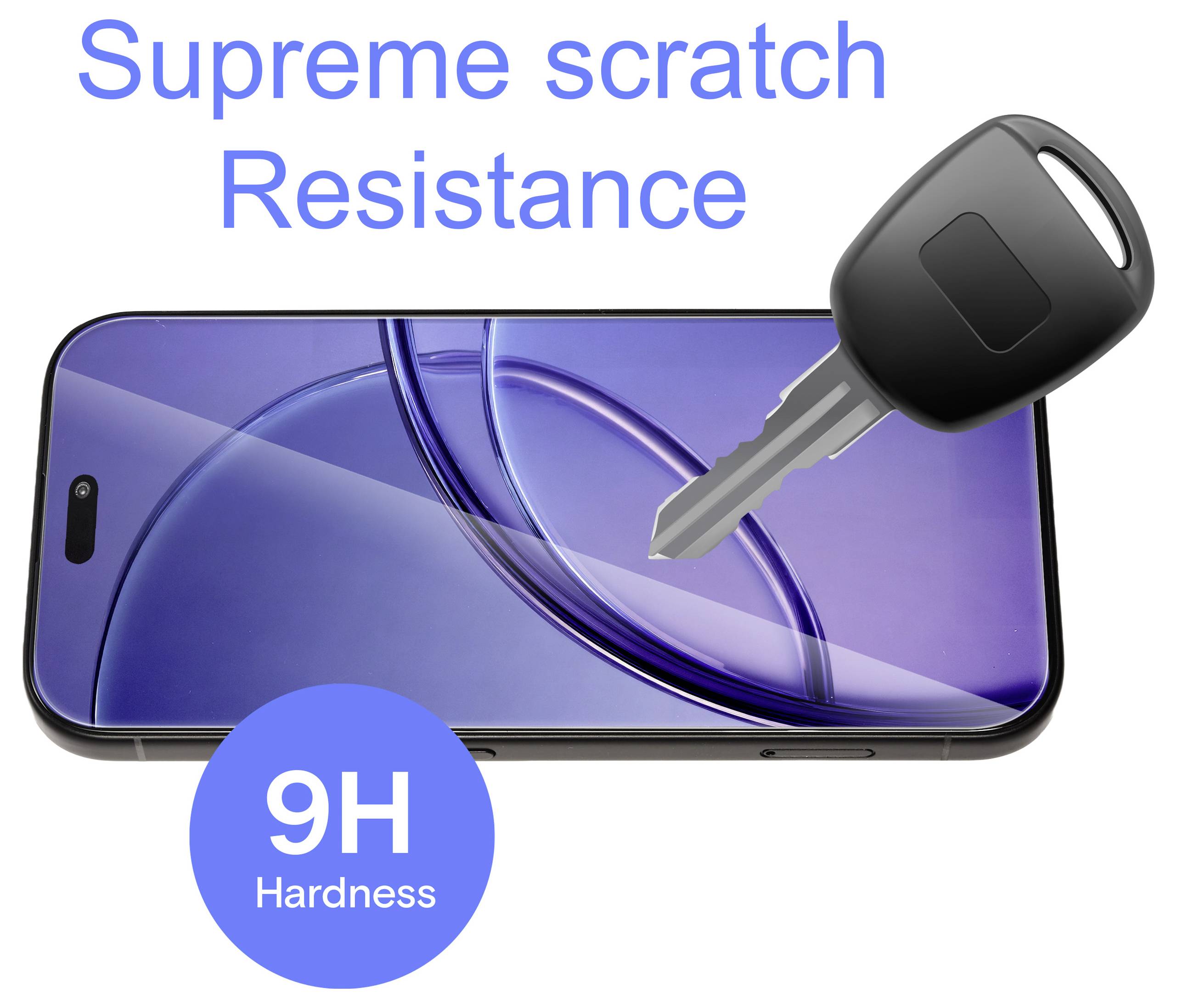 Werbegrafik eines Smartphone-Displayschutzes mit Schlüssel und Text „Supreme scratch Resistance